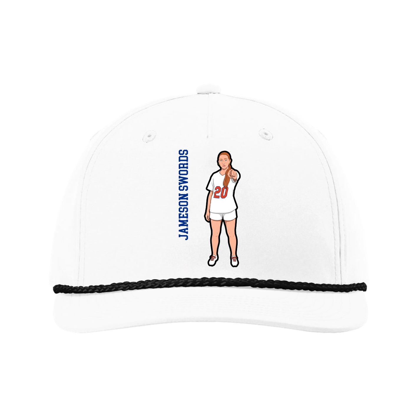 Five-Panel Classic Rope Cap — Name Vertical in White