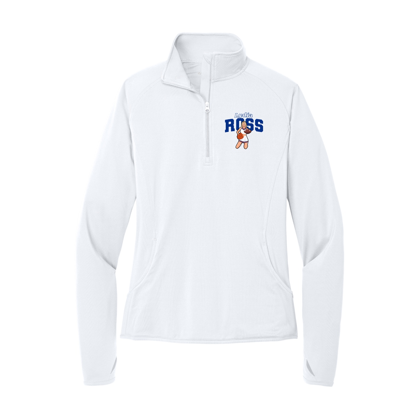 Women's Q-Zip Pullover — Name Arch in White