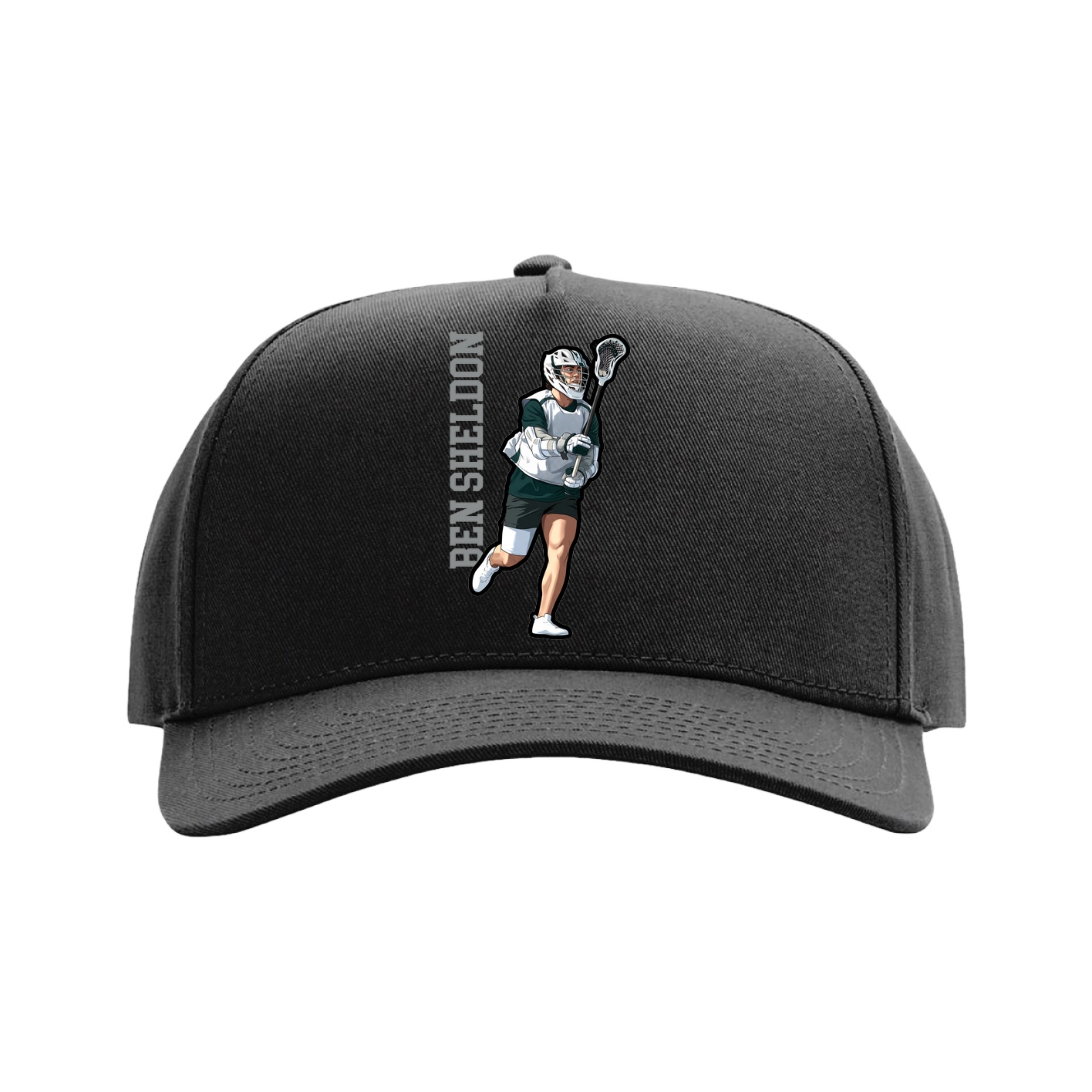 Full Fabric Five-Panel Champ Cap — Name Vertical in Black