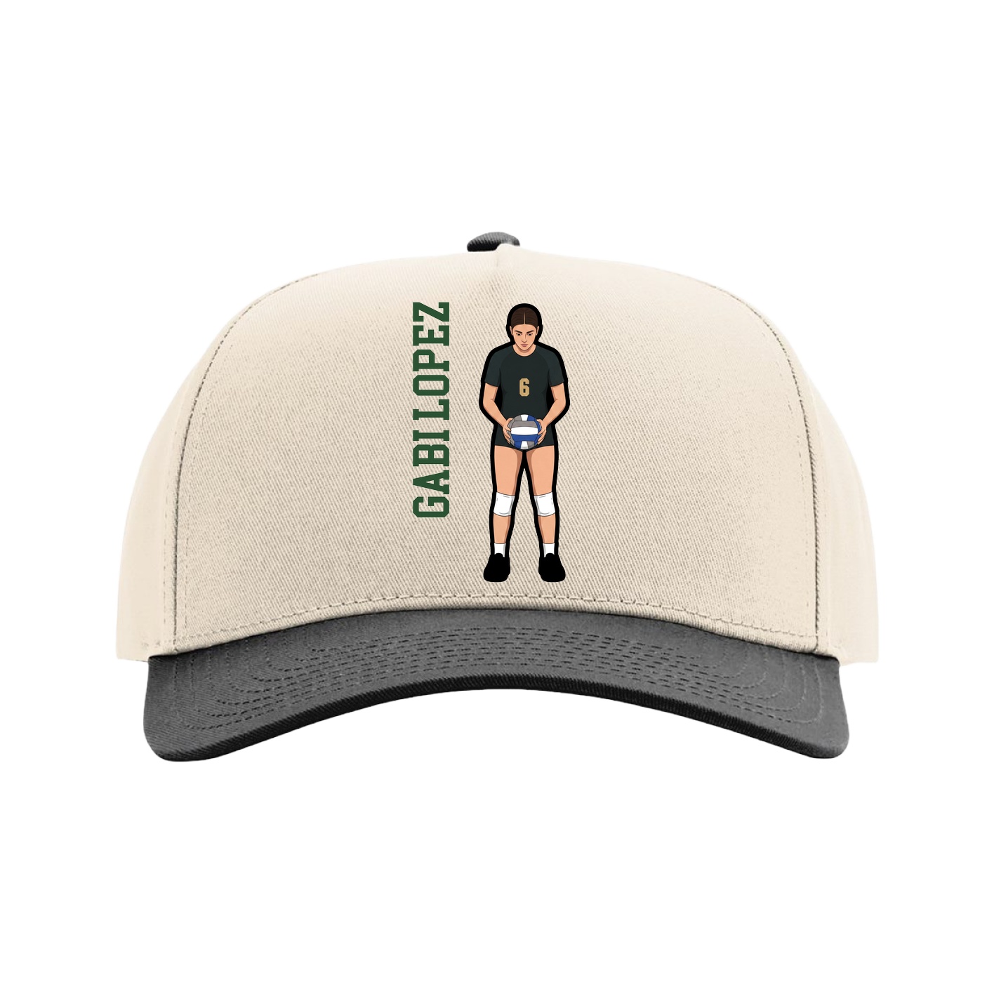 Full Fabric Five-Panel Champ Cap — Name Vertical in Cream/Black