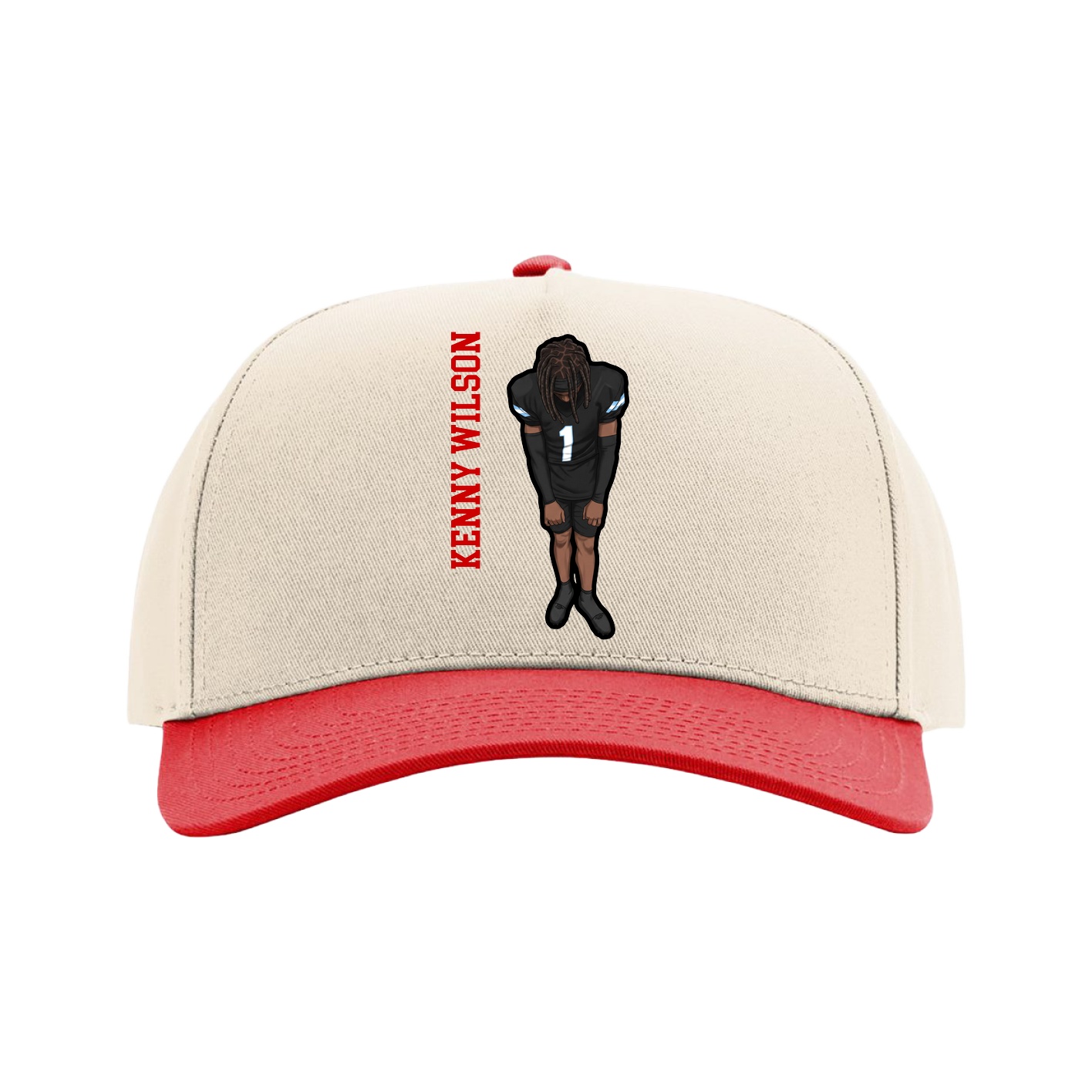 Full Fabric Five-Panel Champ Cap — Name Vertical in Cream/Red