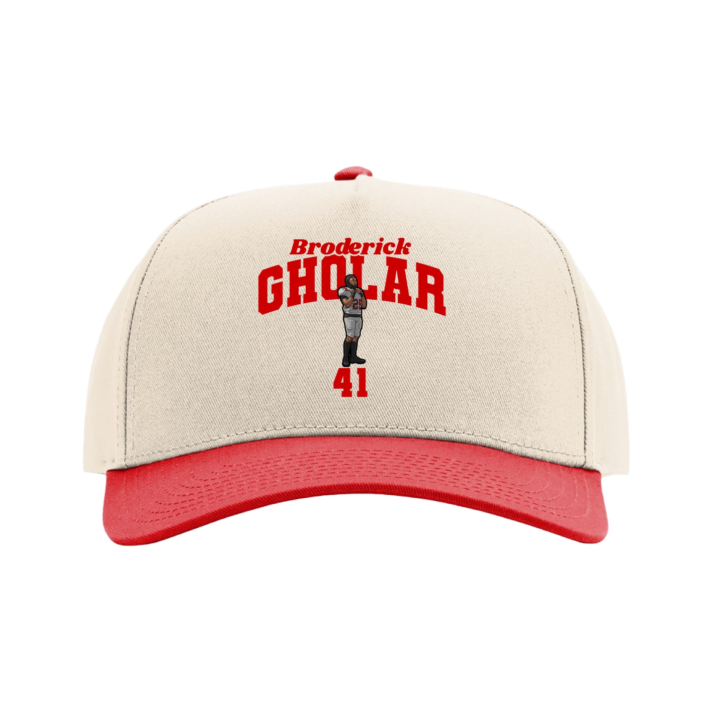 Full Fabric Five-Panel Champ Cap — Signature Arch in Cream/Red