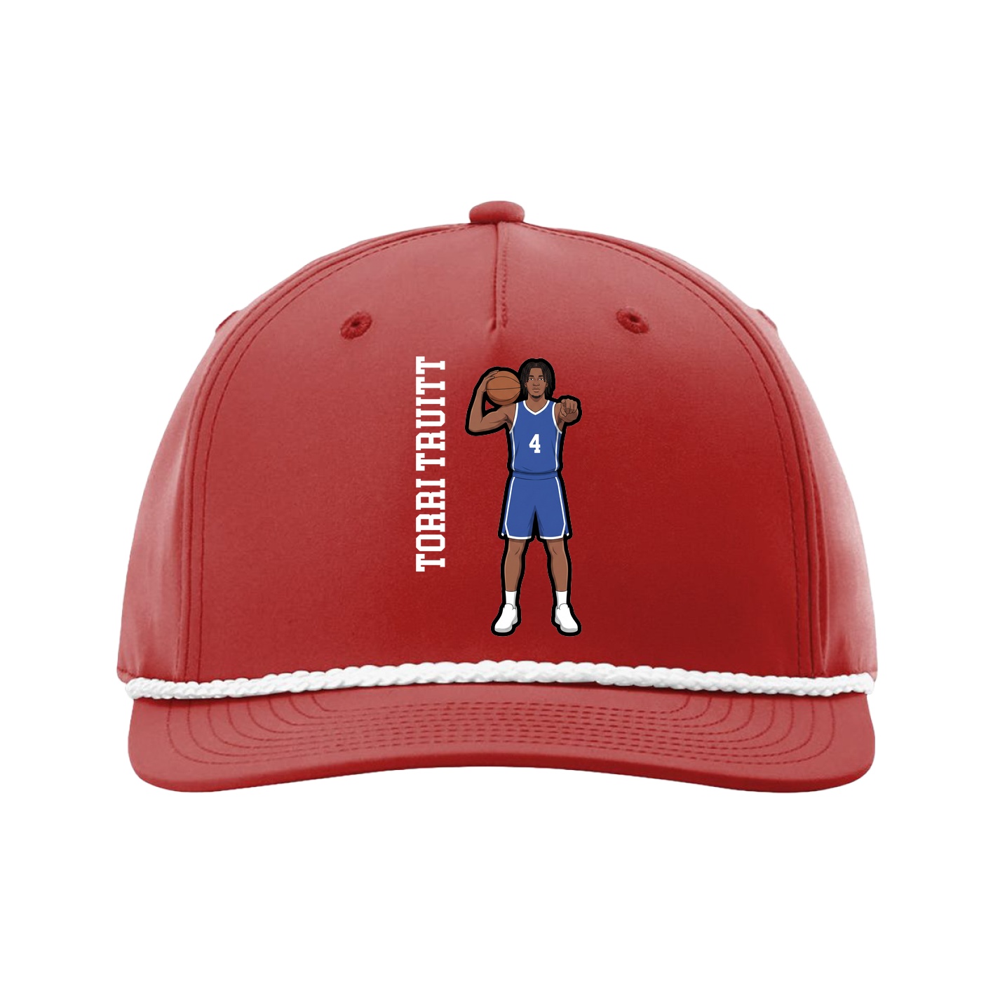 Five-Panel Classic Rope Cap — Name Vertical in Red