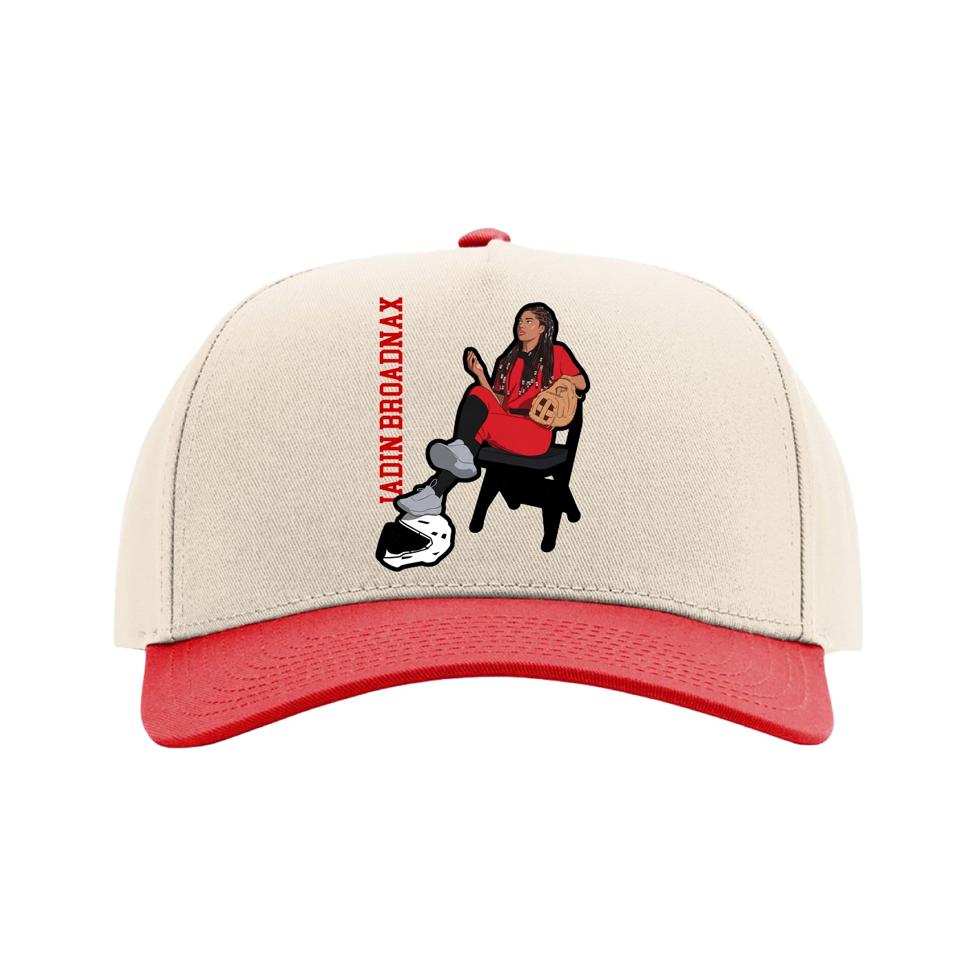 Full Fabric Five-Panel Champ Cap — Name Vertical in Cream/Red