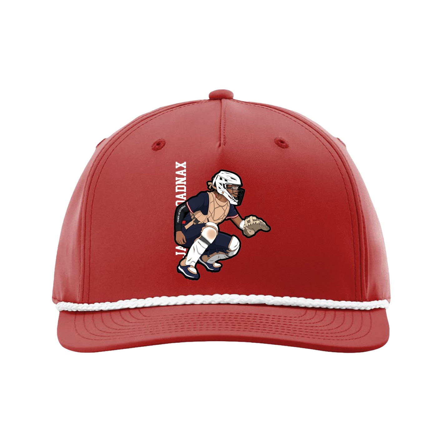 Five-Panel Classic Rope Cap — Name Vertical in Red