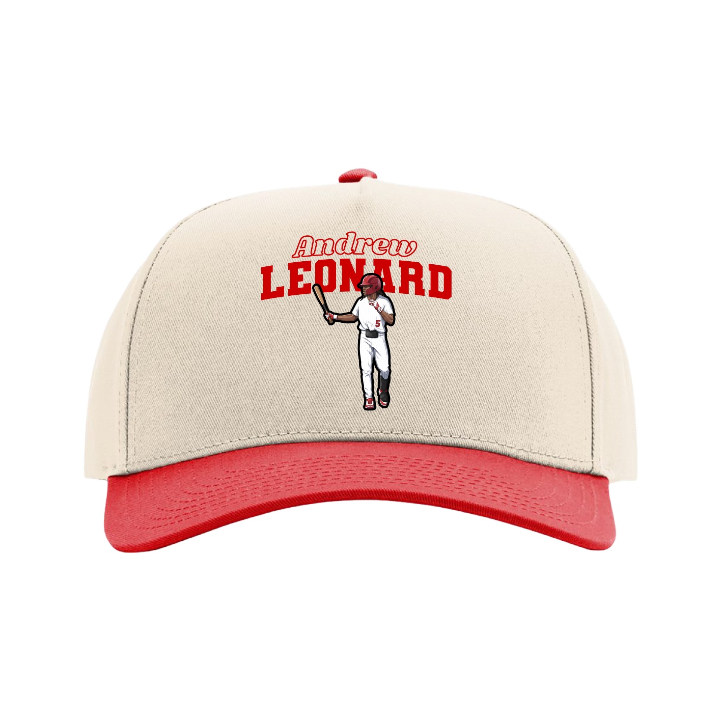 Full Fabric Five-Panel Champ Cap — Name Arch in Cream/Red
