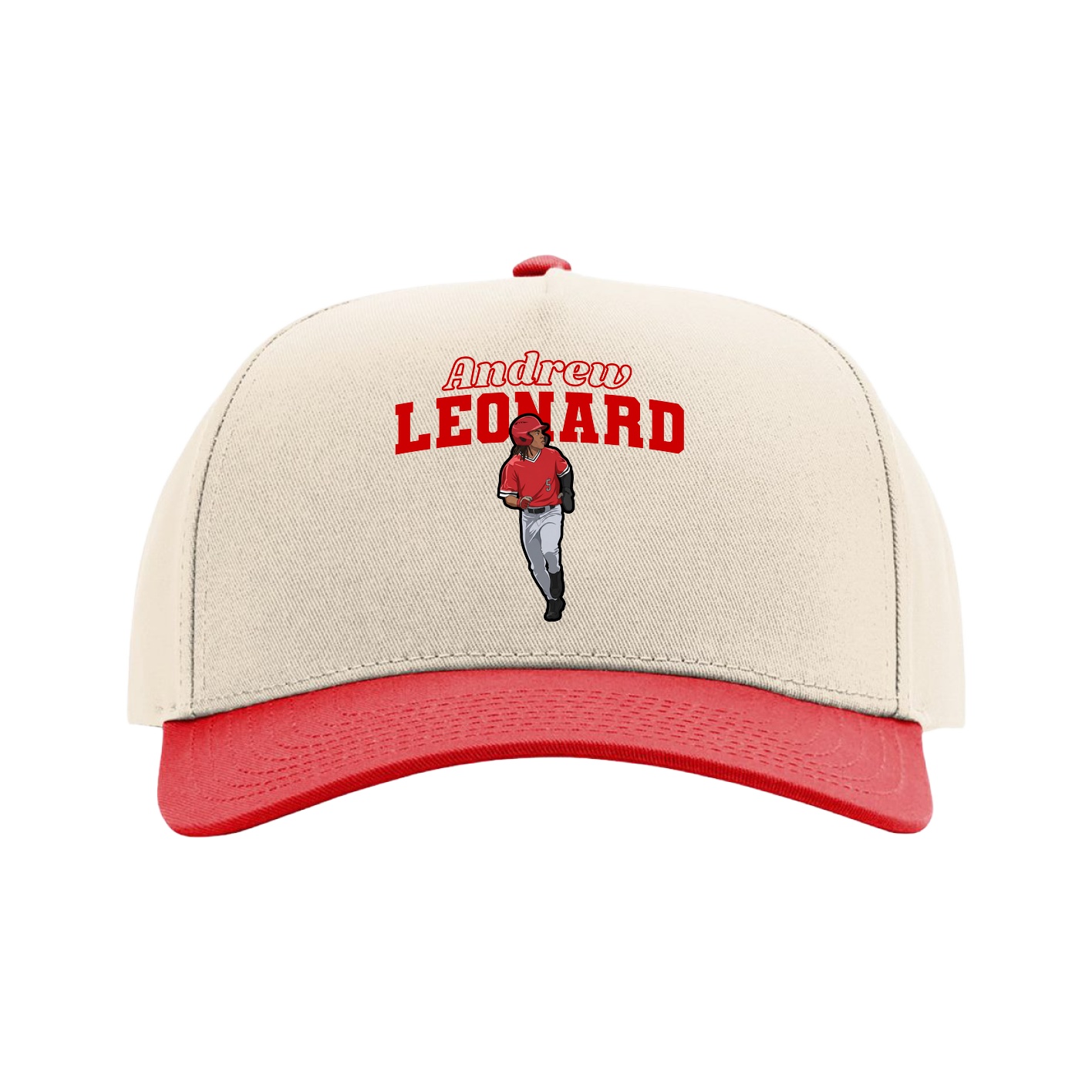 Full Fabric Five-Panel Champ Cap — Name Arch in Cream/Red