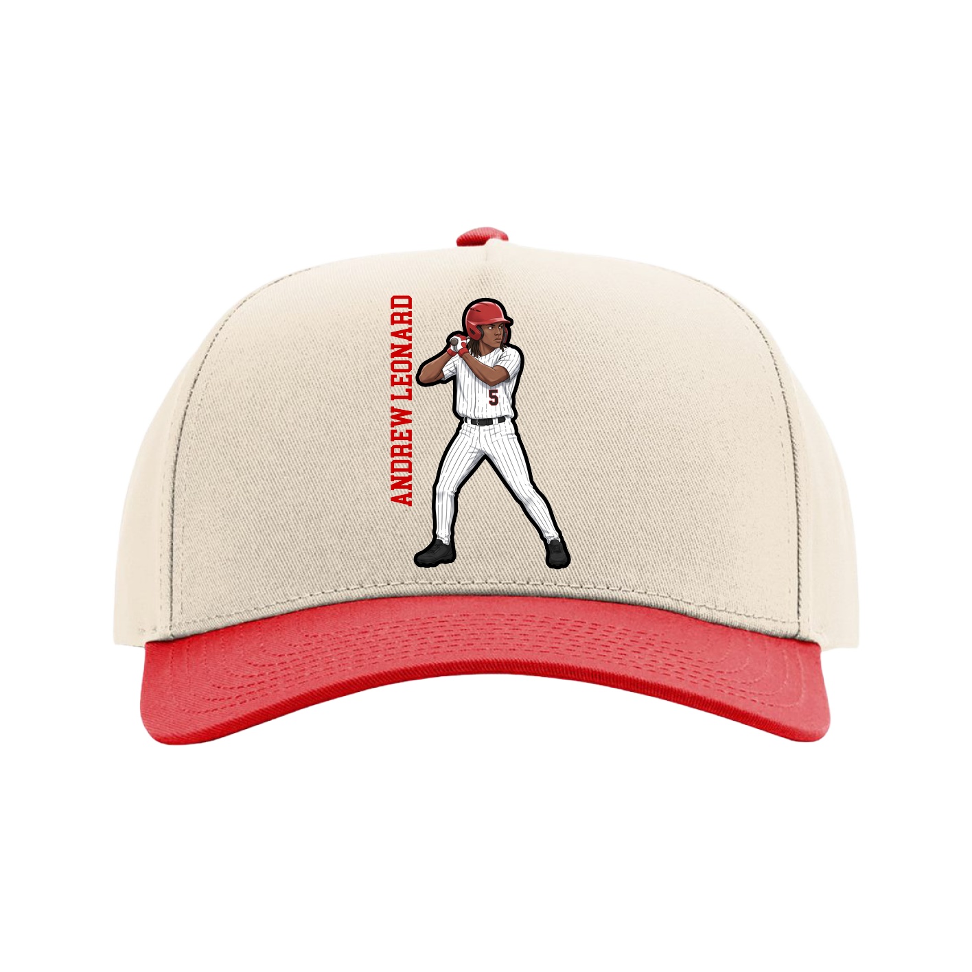 Full Fabric Five-Panel Champ Cap — Name Vertical in Cream/Red