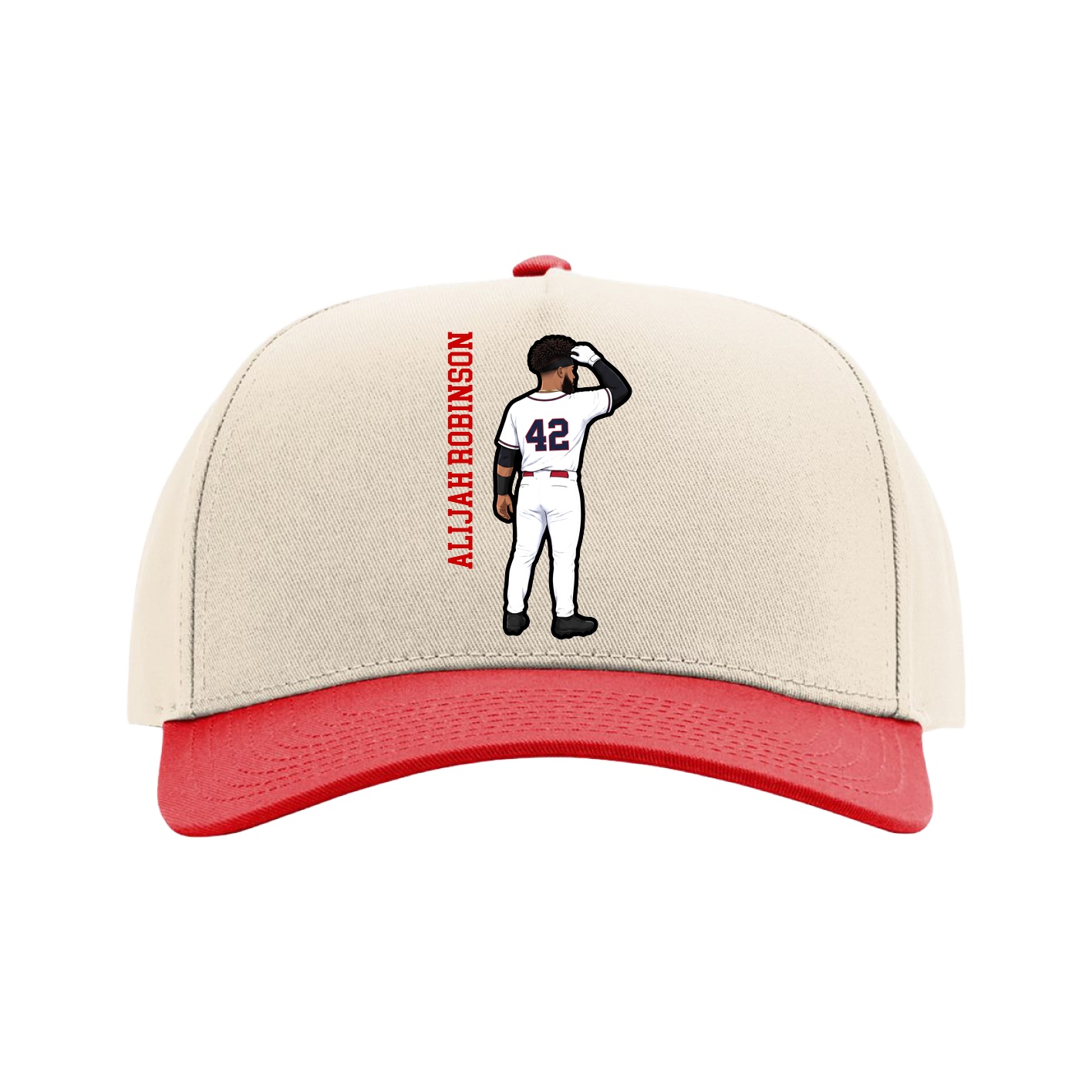 Full Fabric Five-Panel Champ Cap — Name Vertical in Cream/Red