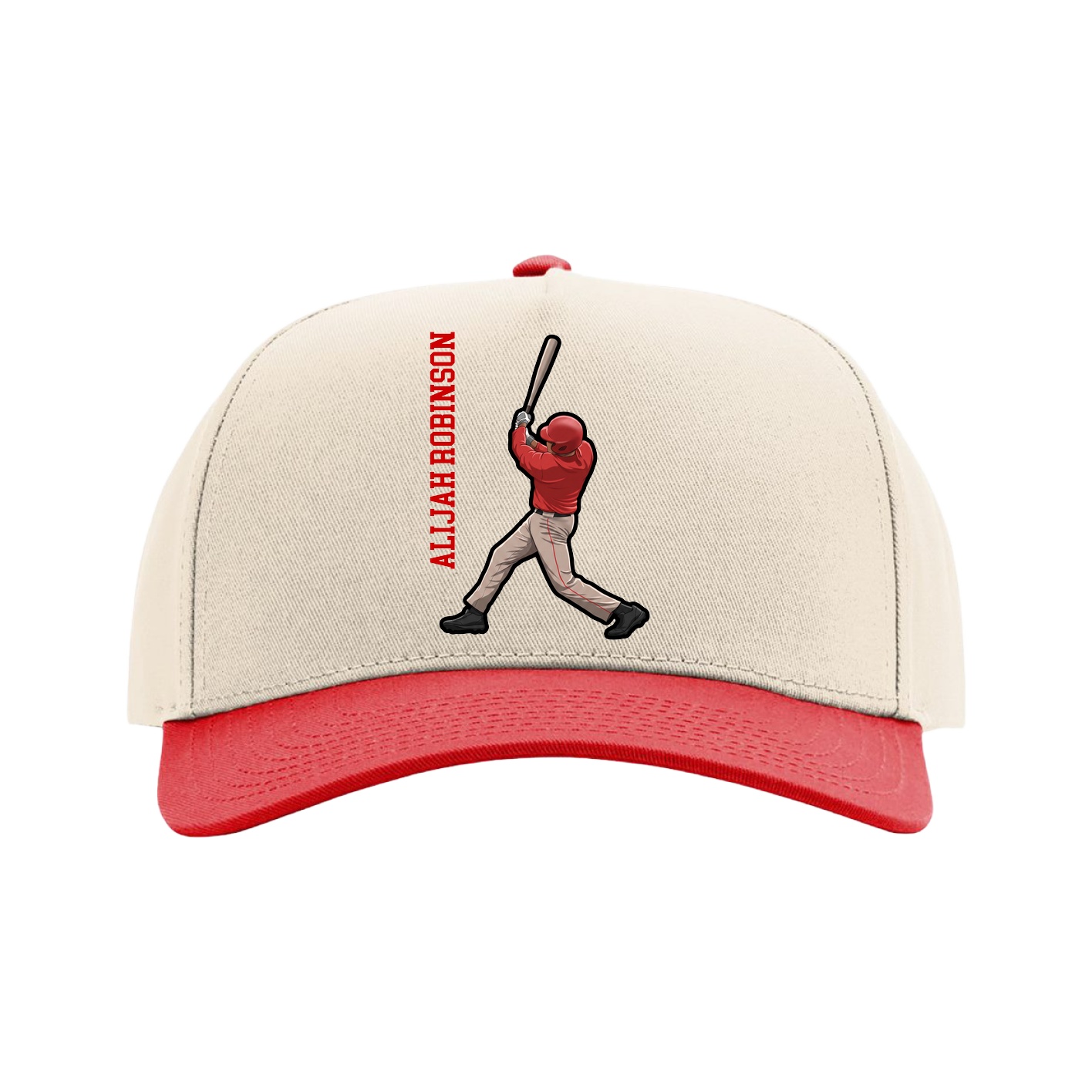 Full Fabric Five-Panel Champ Cap — Name Vertical in Cream/Red