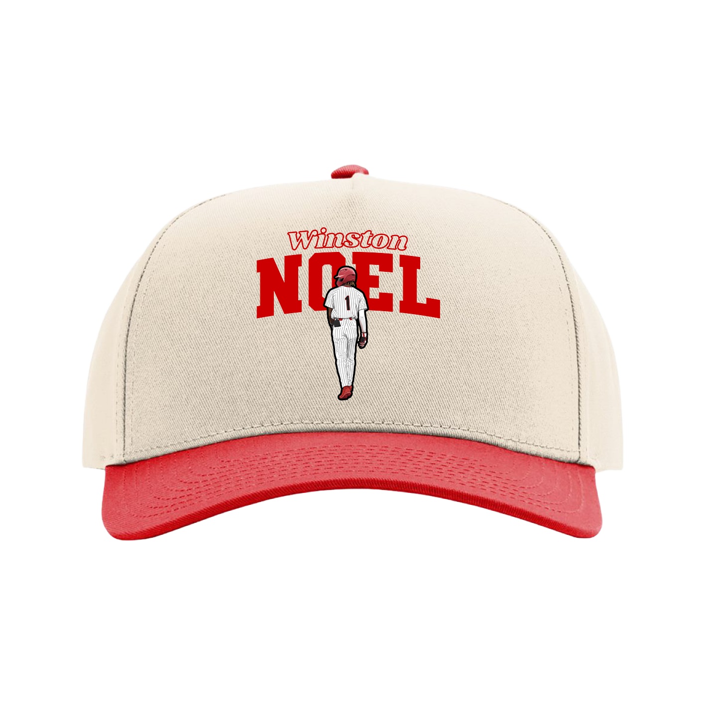 Full Fabric Five-Panel Champ Cap — Name Arch in Cream/Red