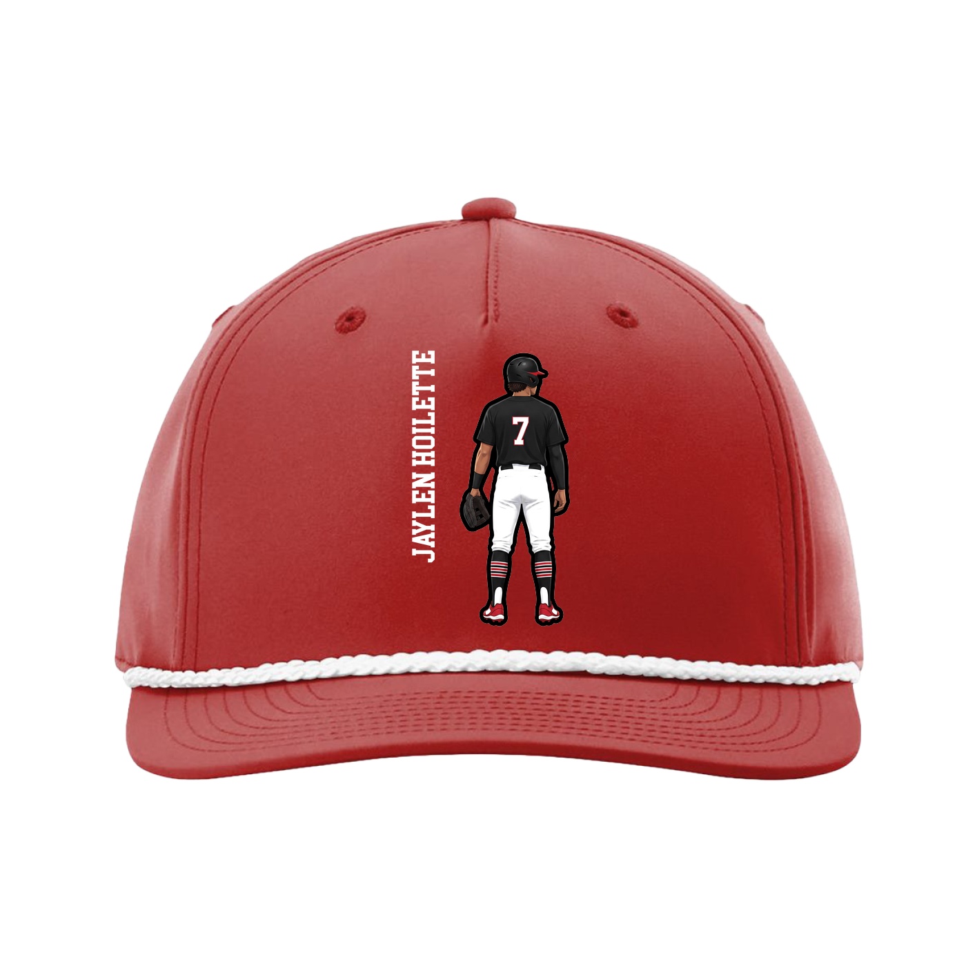 Five-Panel Classic Rope Cap — Name Vertical in Red
