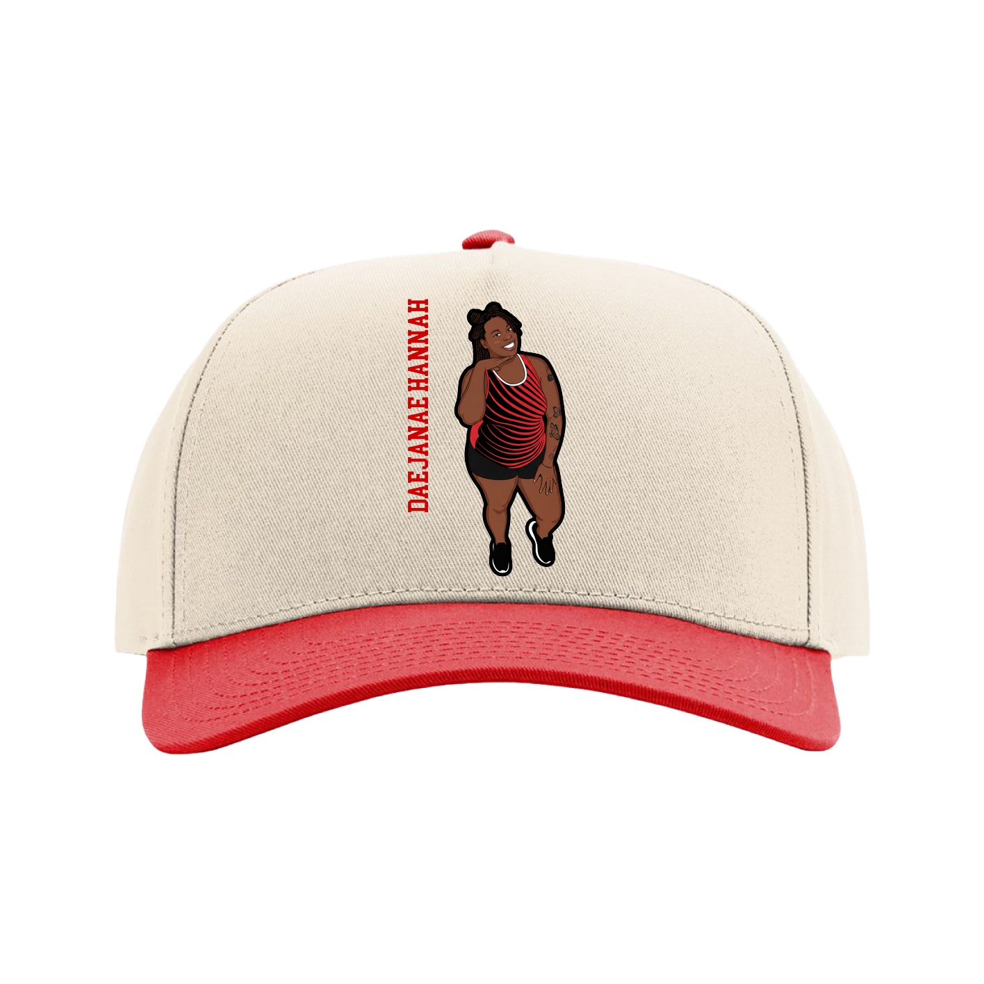 Full Fabric Five-Panel Champ Cap — Name Vertical in Cream/Red