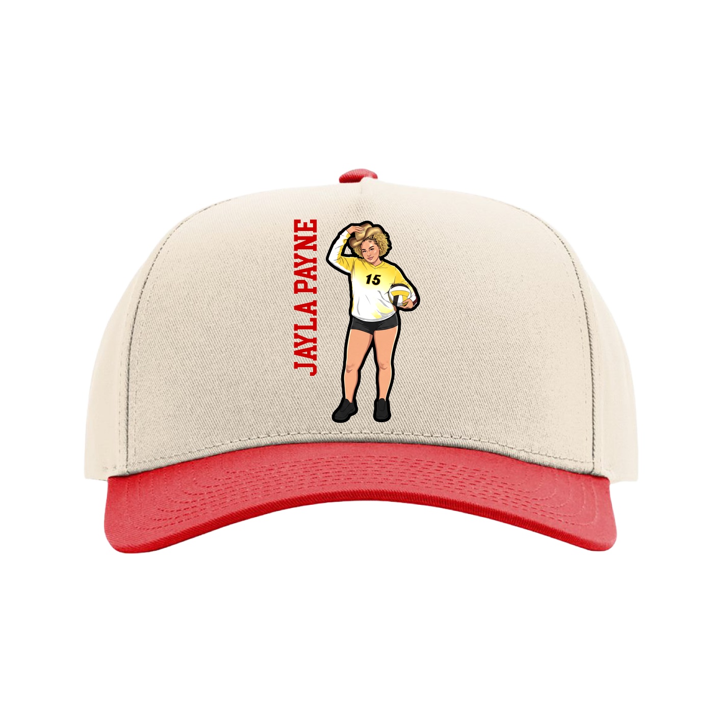 Full Fabric Five-Panel Champ Cap — Name Vertical in Cream/Red