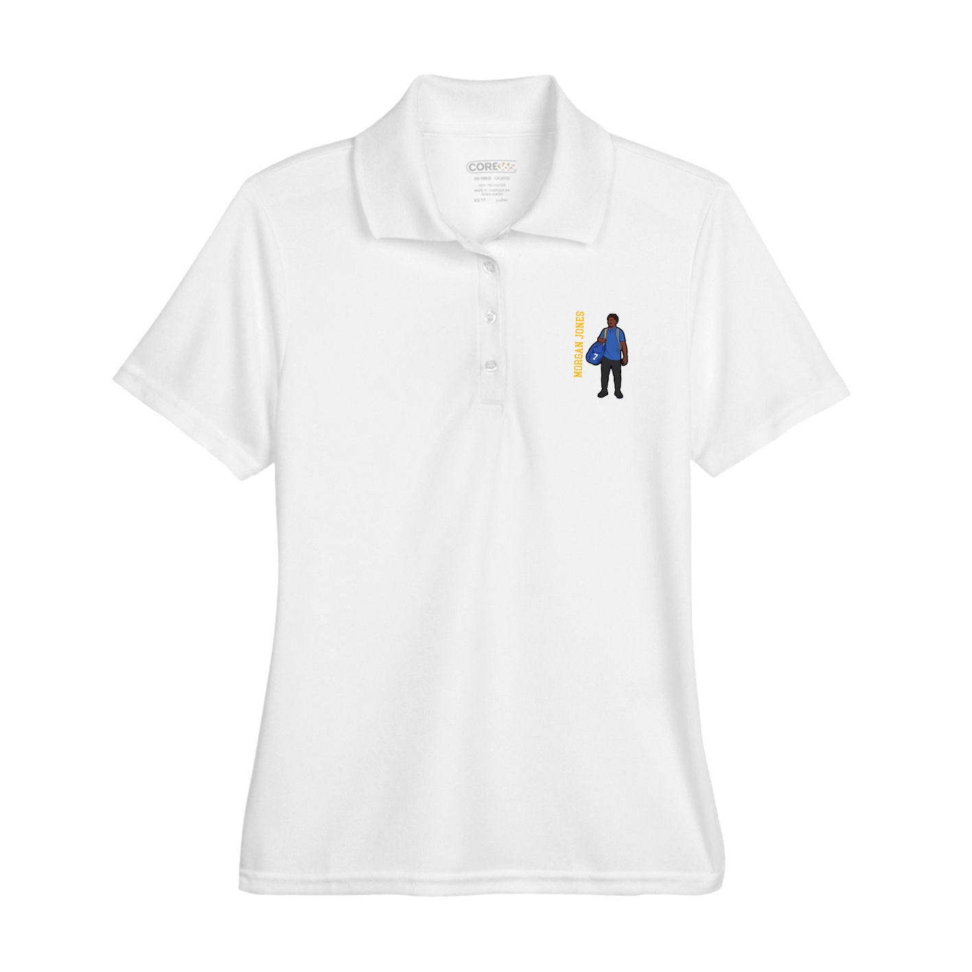 Womens Performance Polo — Name Vertical in White