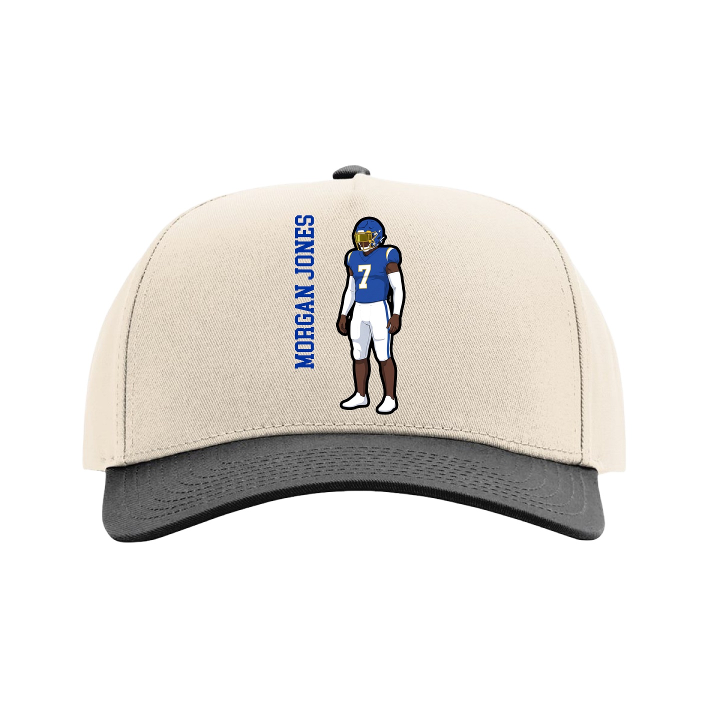 Full Fabric Five-Panel Champ Cap — Name Vertical in Cream/Black