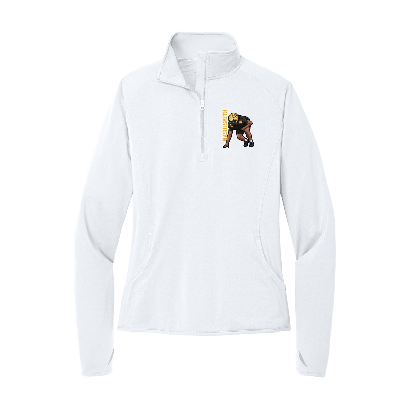 Women's Q-Zip Pullover — Name Vertical in White
