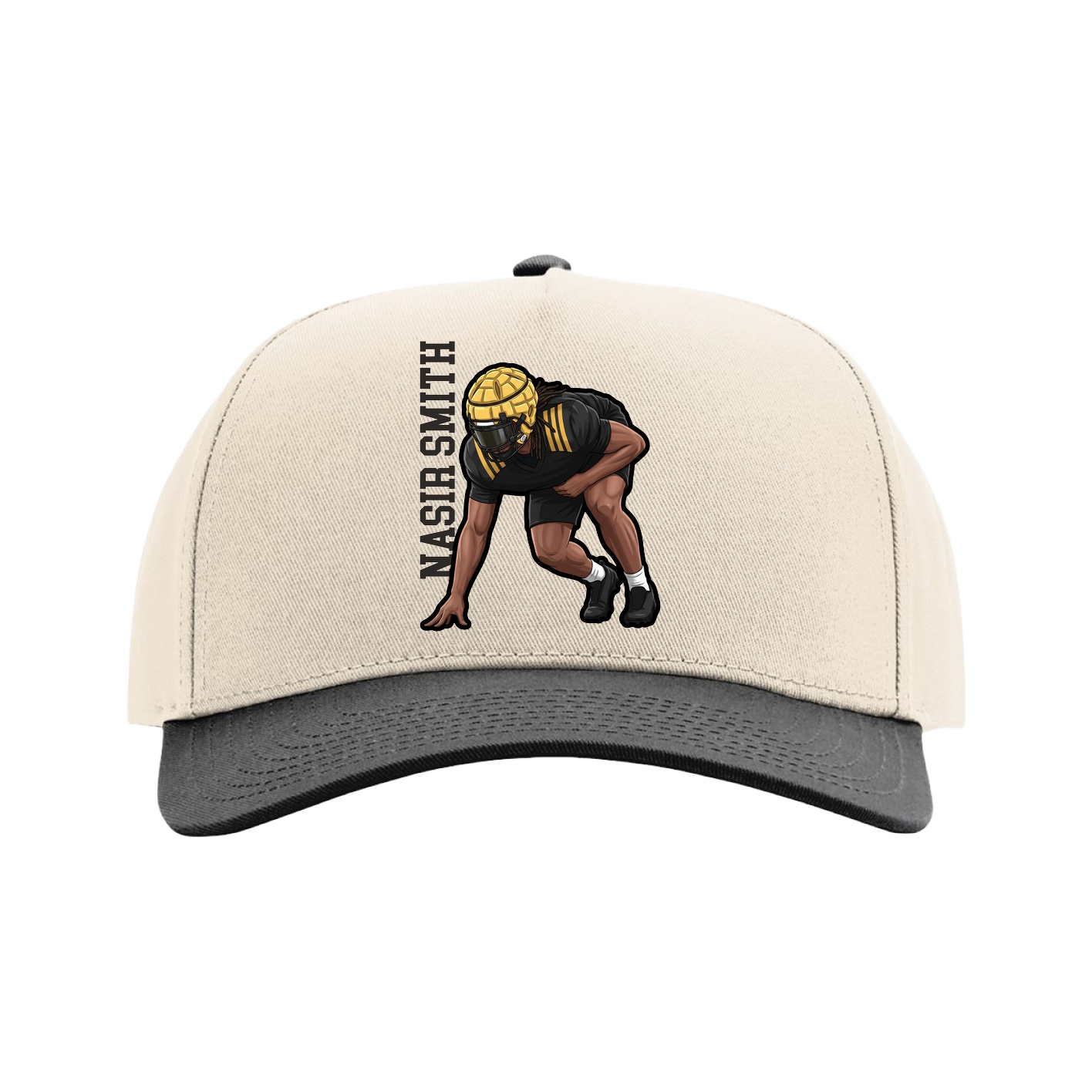 Full Fabric Five-Panel Champ Cap — Name Vertical in Cream/Black