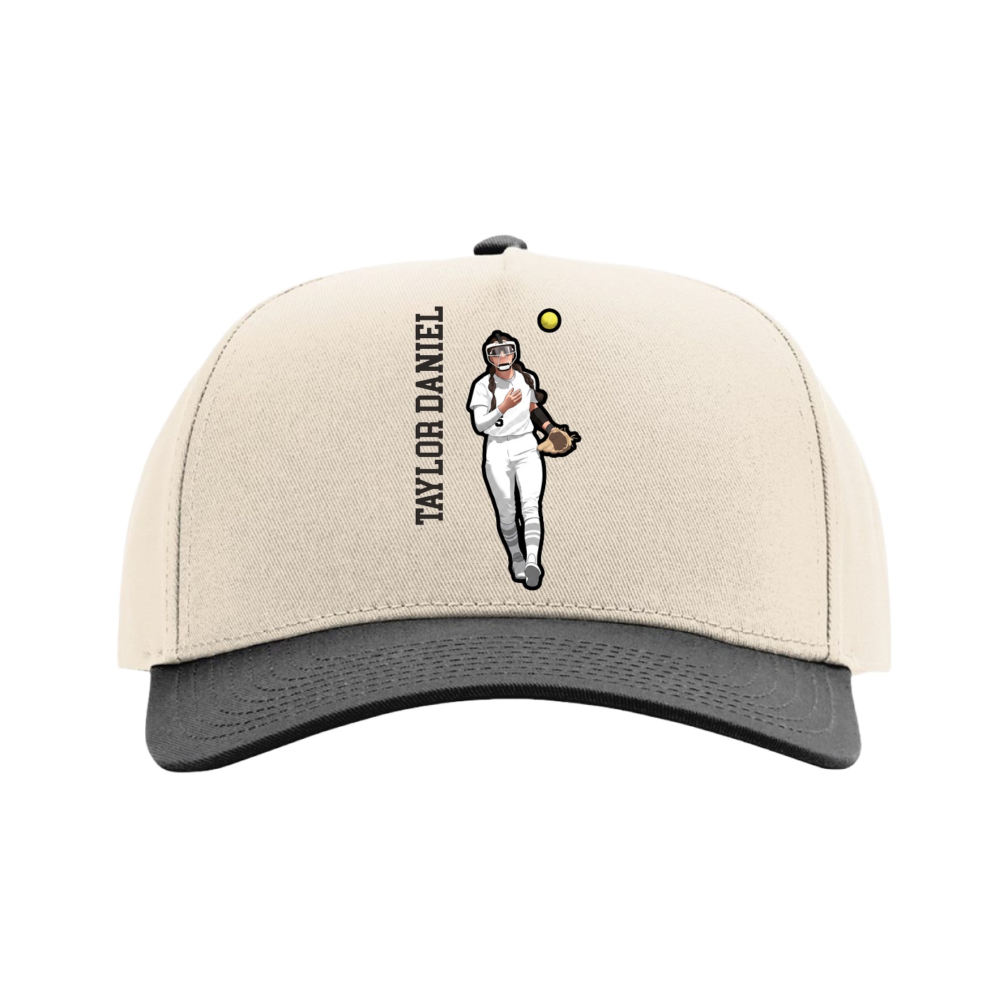 Full Fabric Five-Panel Champ Cap — Name Vertical in Cream/Black