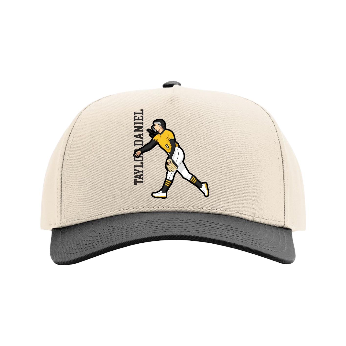 Full Fabric Five-Panel Champ Cap — Name Vertical in Cream/Black