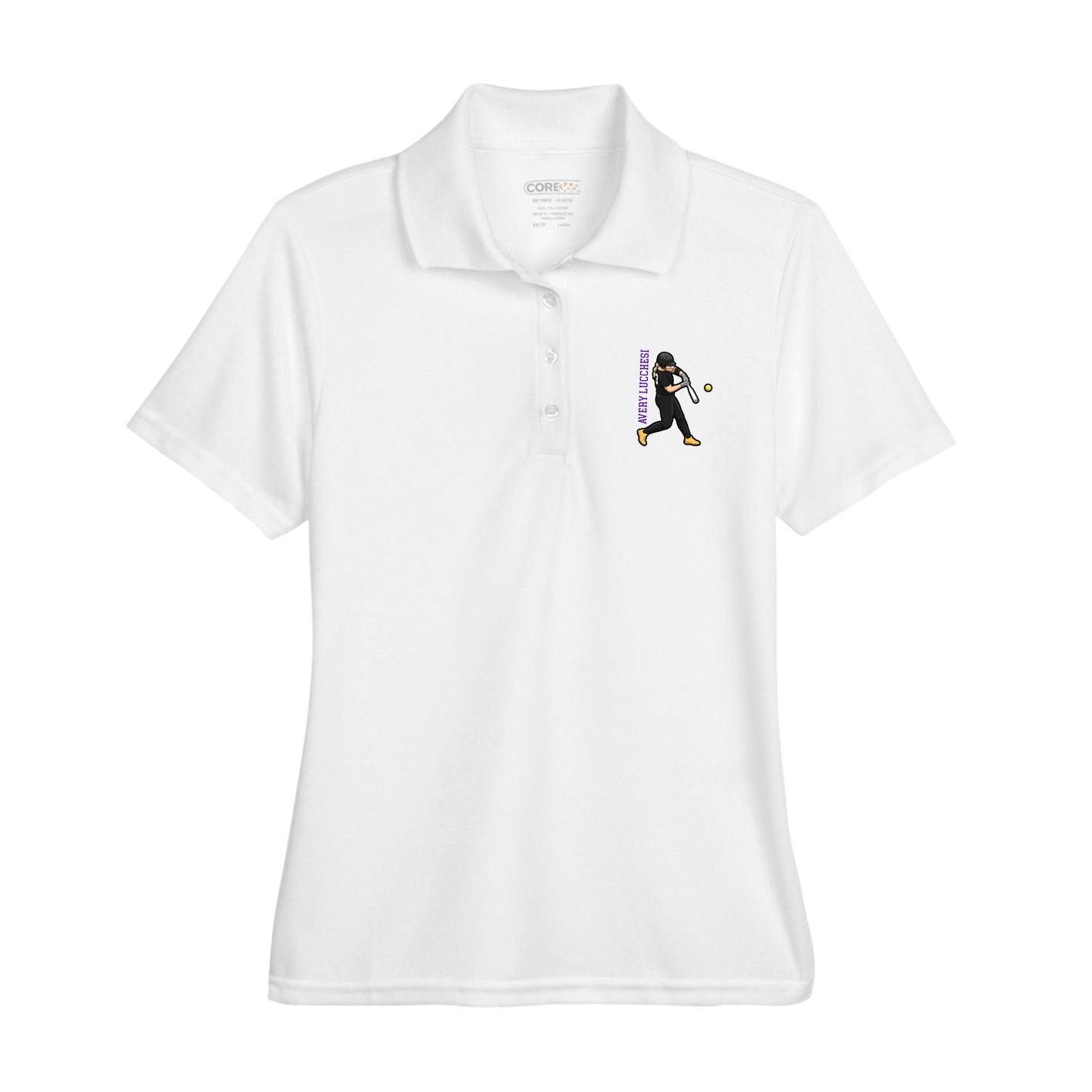 Womens Performance Polo — Name Vertical in White