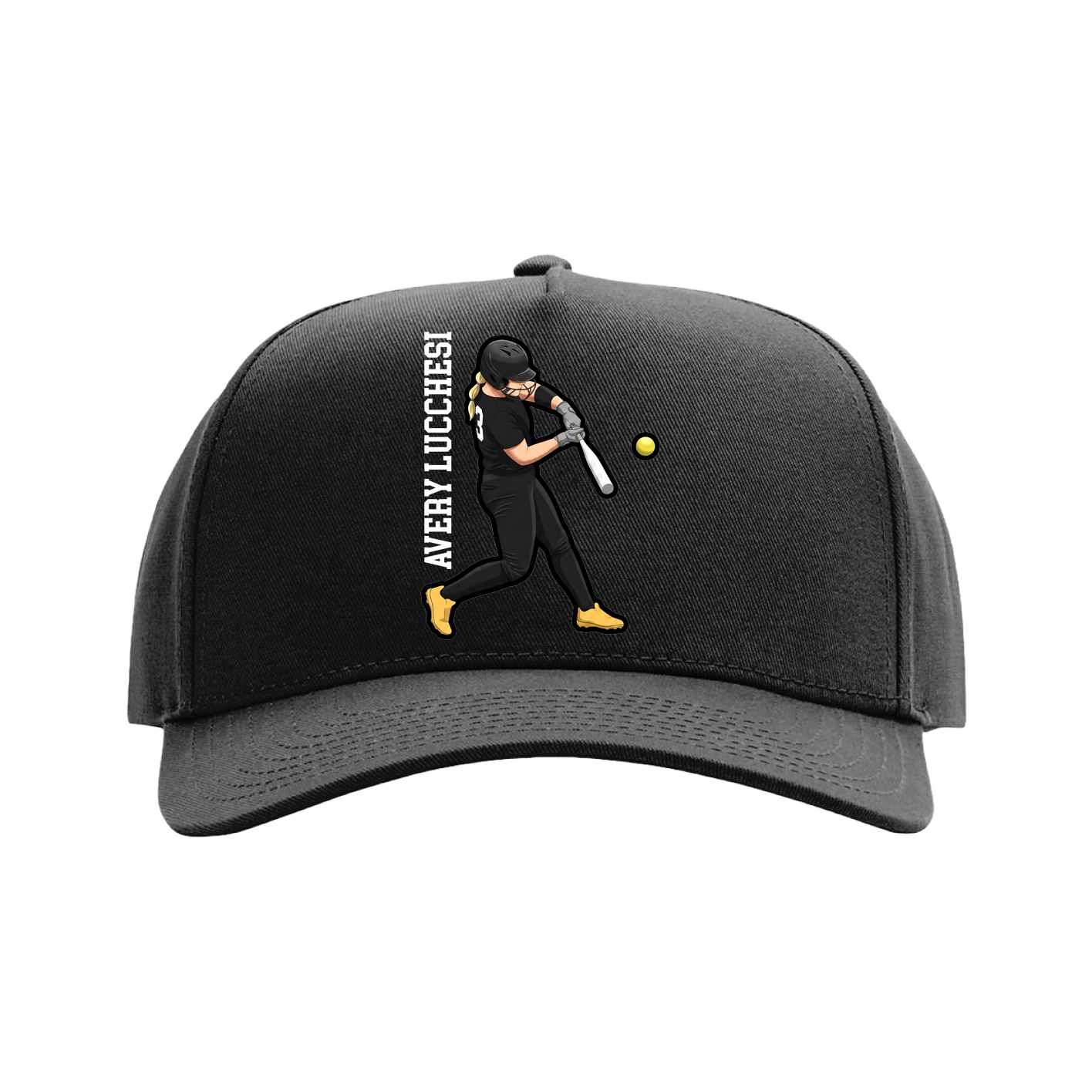 Full Fabric Five-Panel Champ Cap — Name Vertical in Black