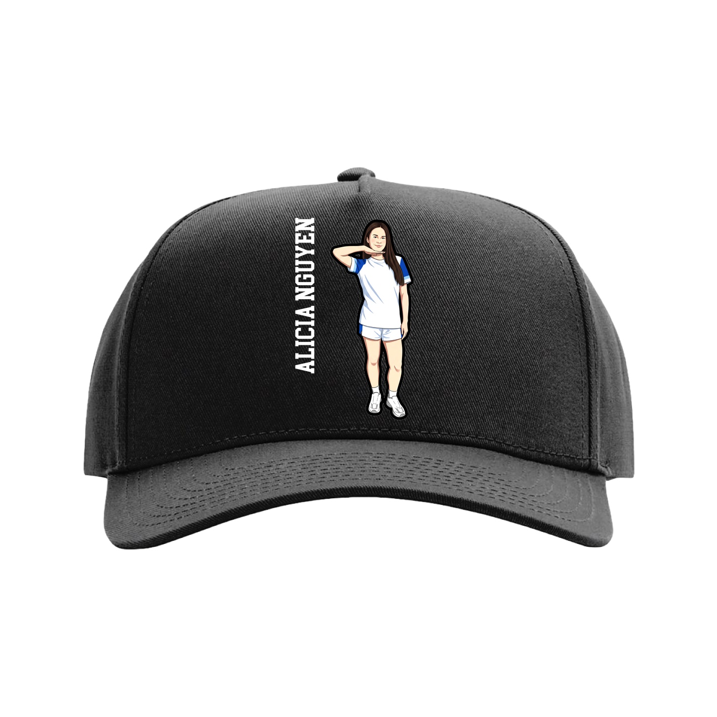 Full Fabric Five-Panel Champ Cap — Name Vertical in Black