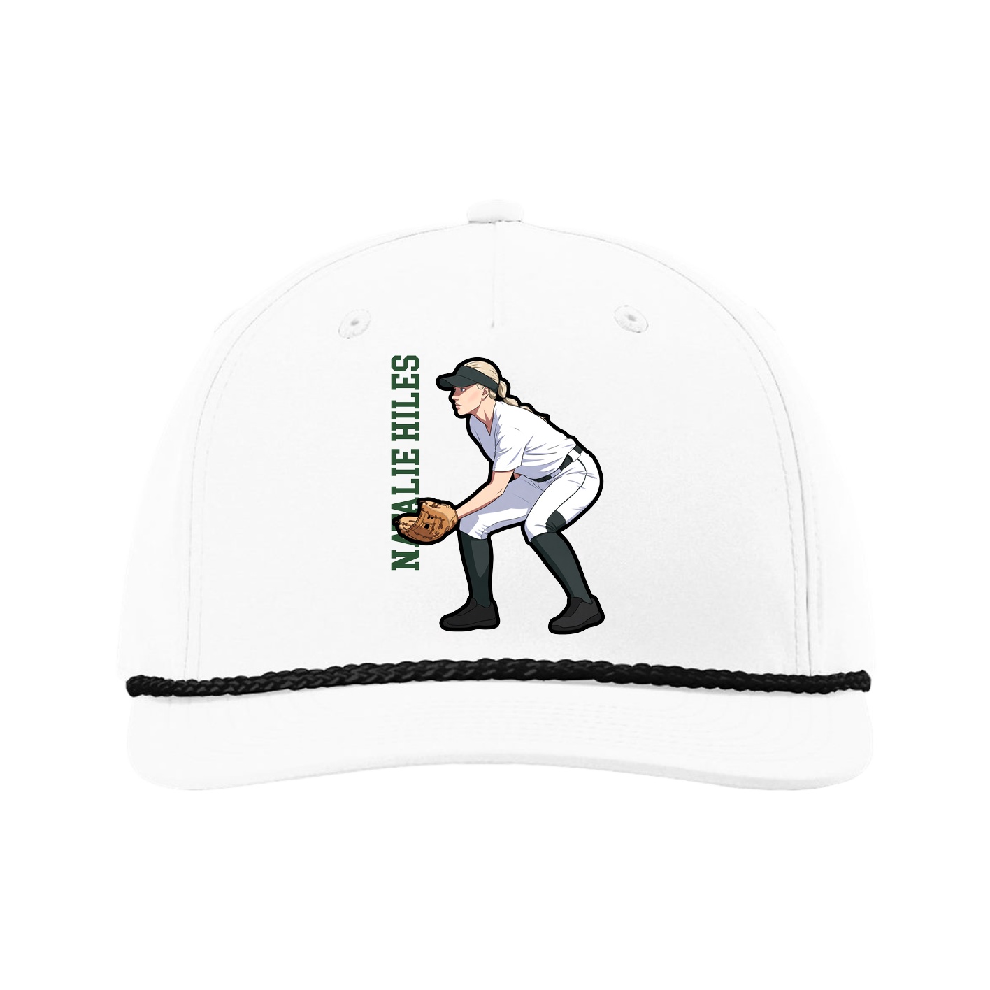 Five-Panel Classic Rope Cap — Name Vertical in White