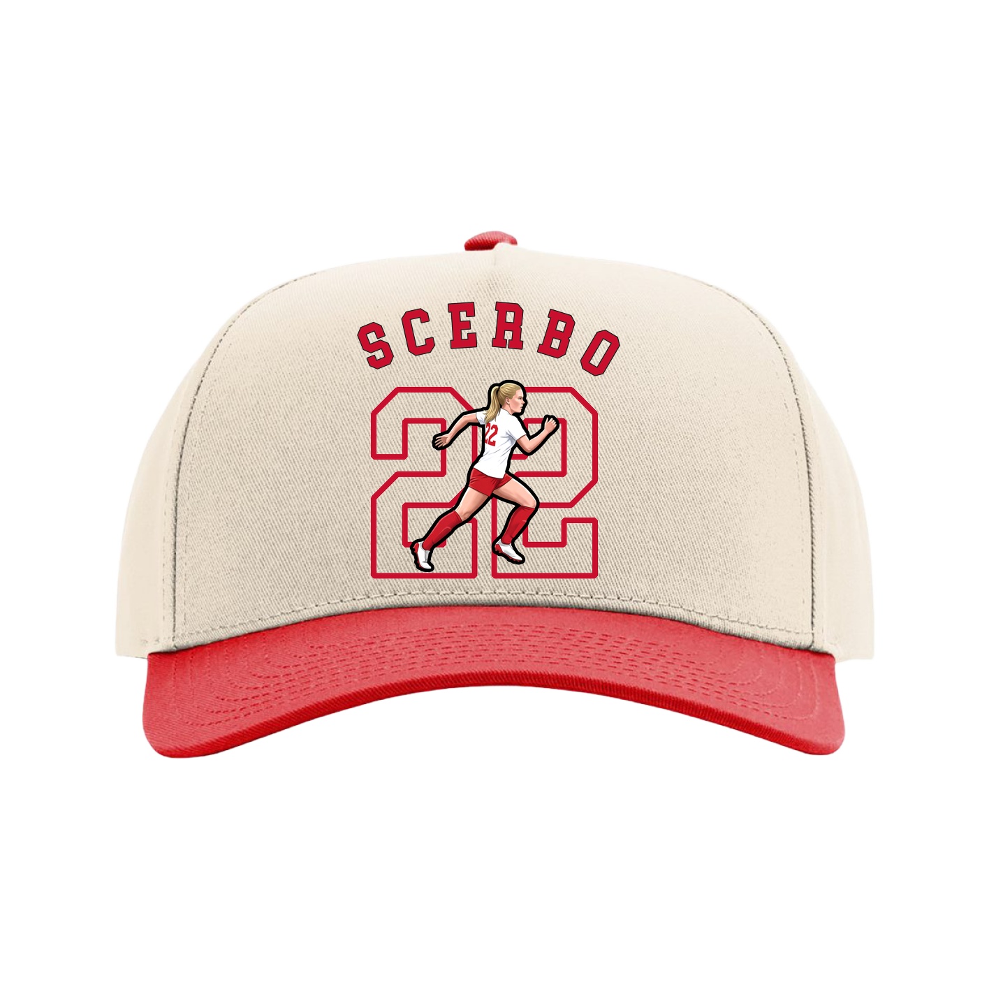 Full Fabric Five-Panel Champ Cap — Shirsey Arch in Cream/Red