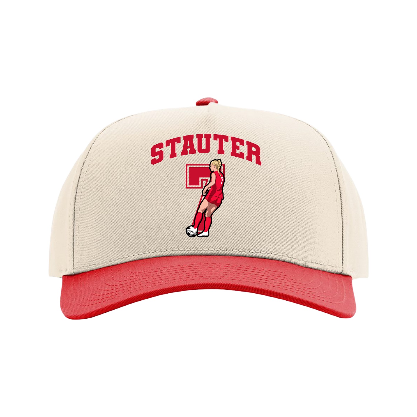 Full Fabric Five-Panel Champ Cap — Number in Cream/Red