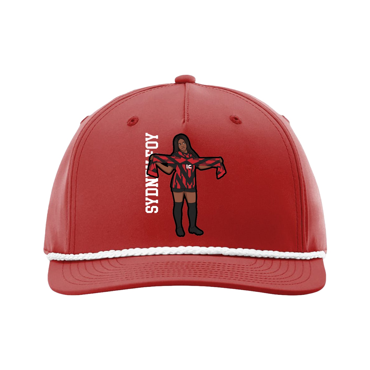 Five-Panel Classic Rope Cap — Name Vertical in Red