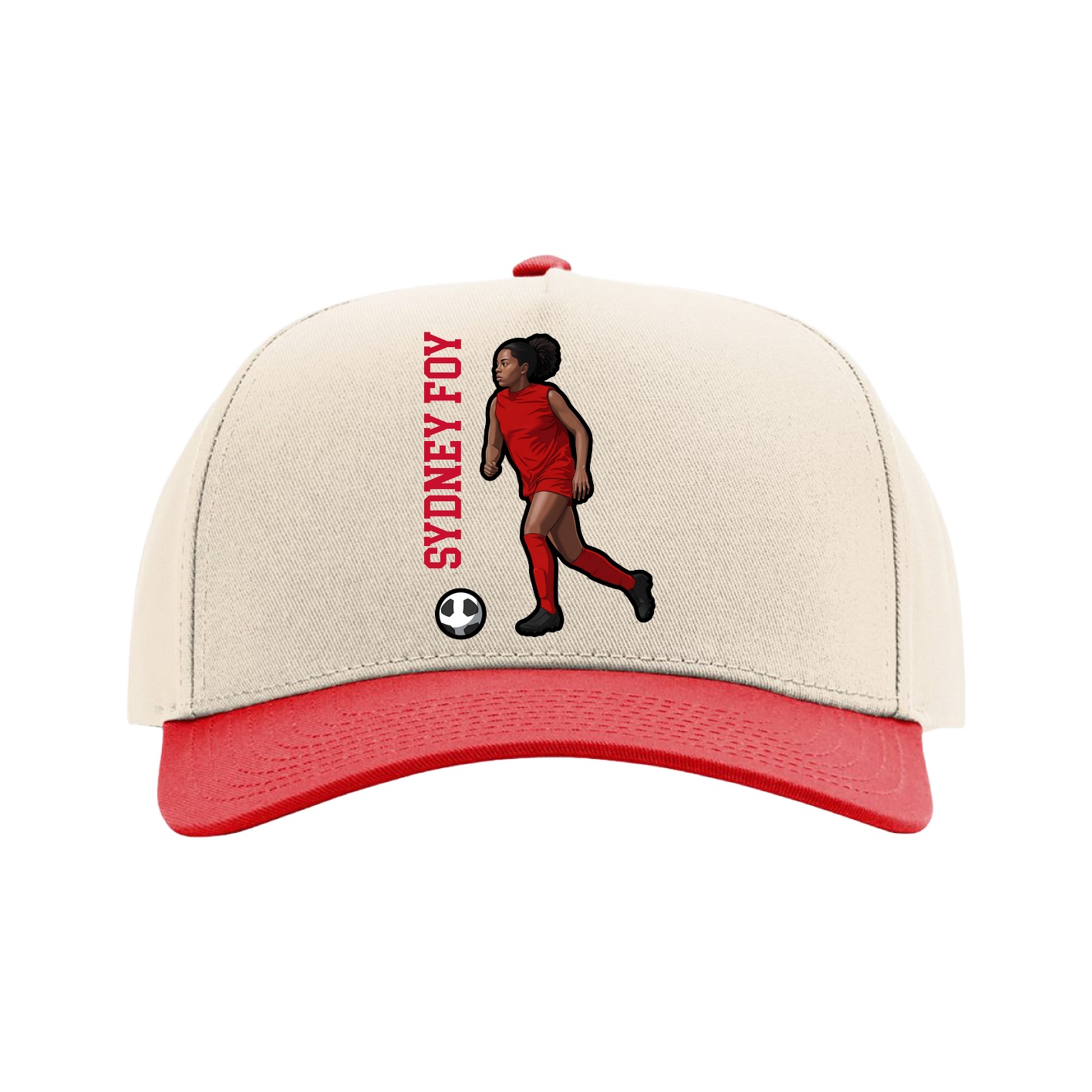 Full Fabric Five-Panel Champ Cap — Name Vertical in Cream/Red