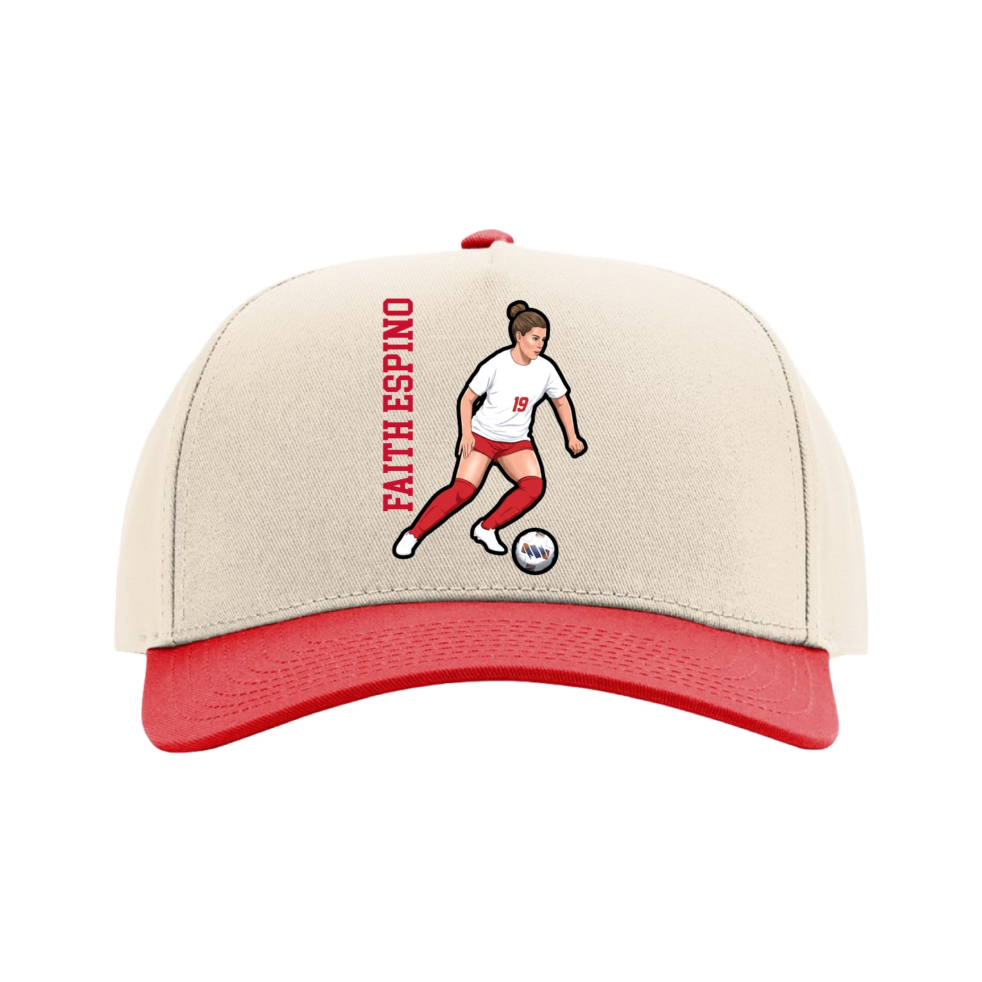 Full Fabric Five-Panel Champ Cap — Name Vertical in Cream/Red