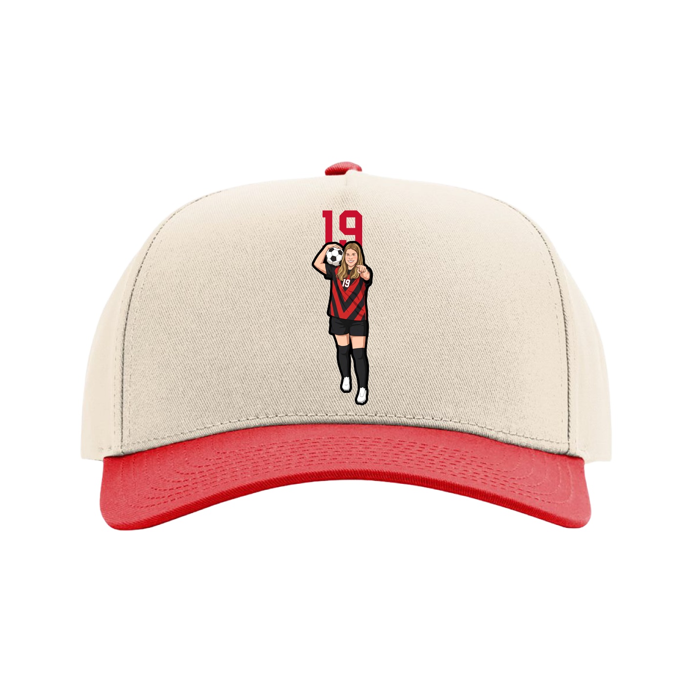 Full Fabric Five-Panel Champ Cap — Number Top in Cream/Red