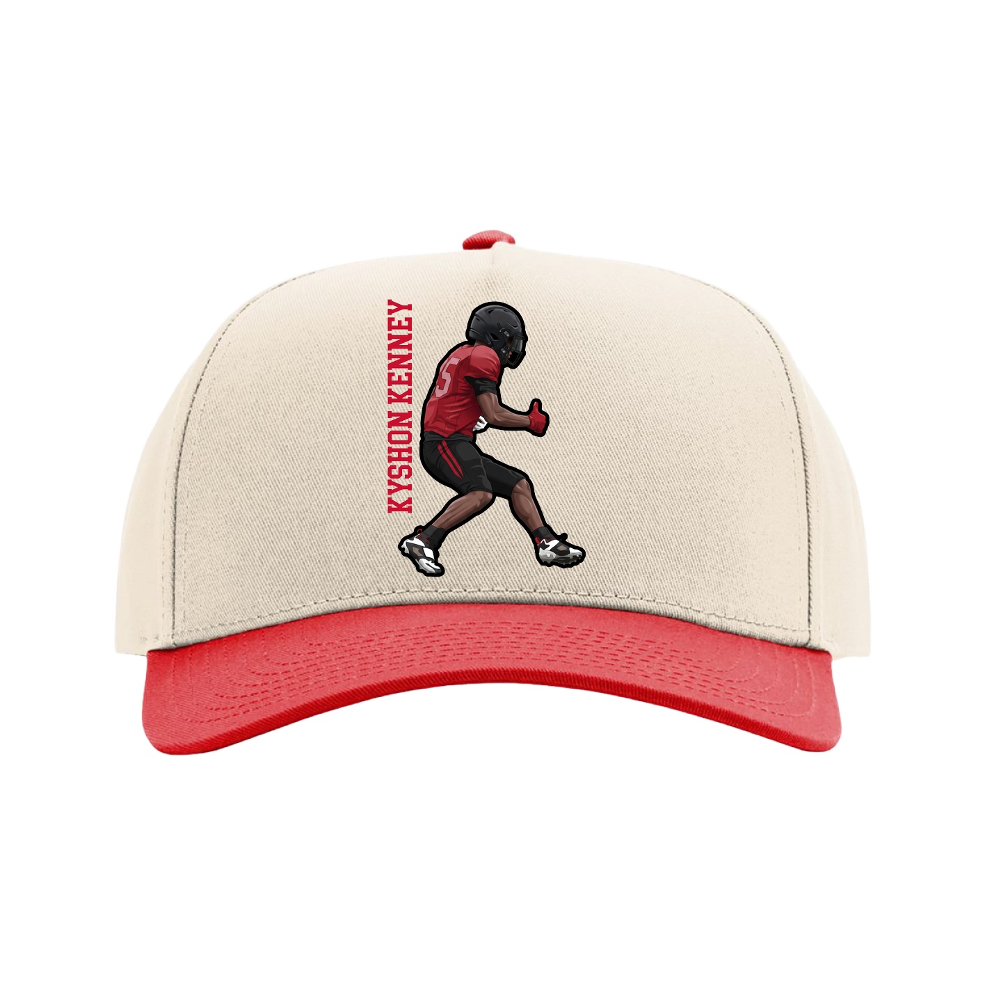 Full Fabric Five-Panel Champ Cap — Name Vertical in Cream/Red