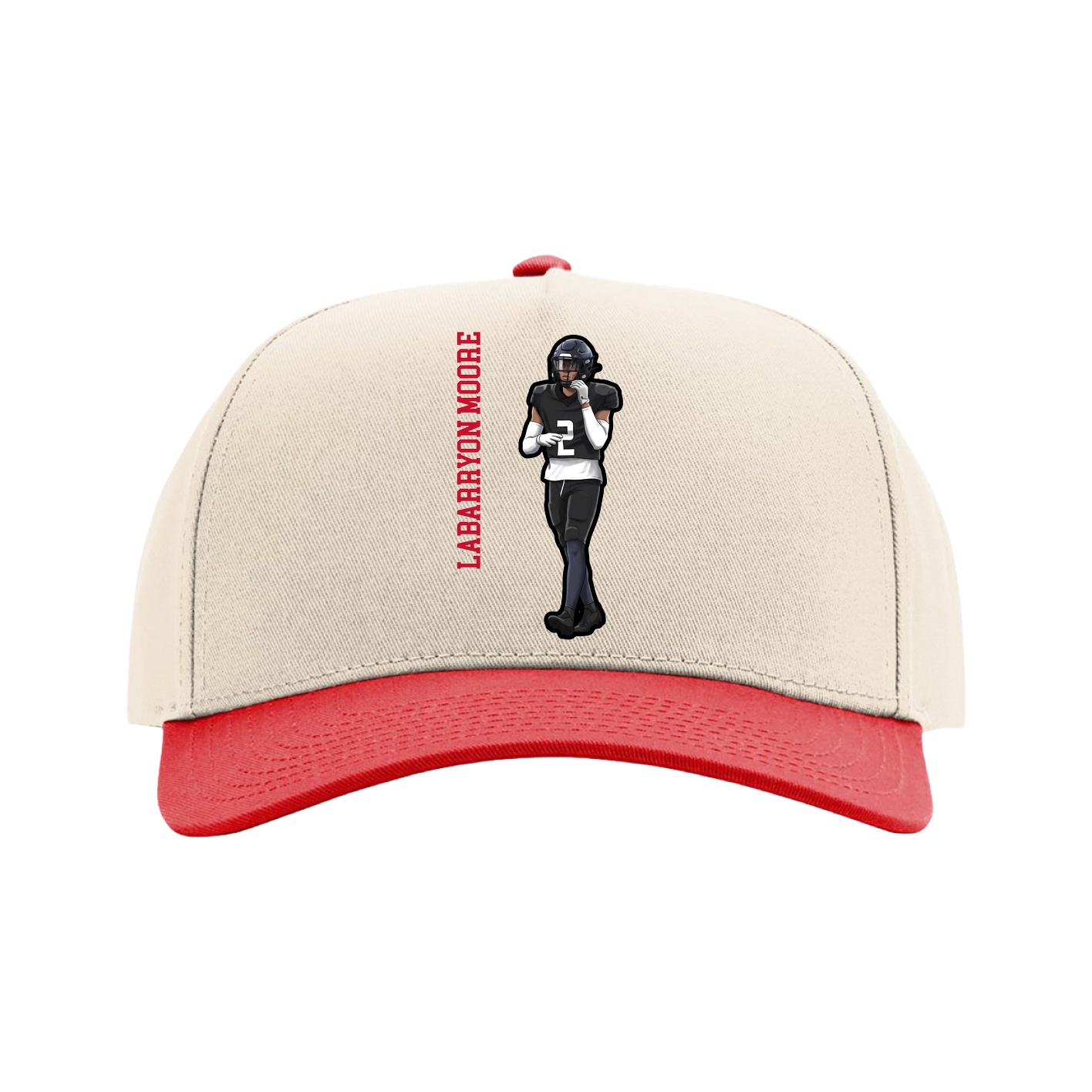 Full Fabric Five-Panel Champ Cap — Name Vertical in Cream/Red