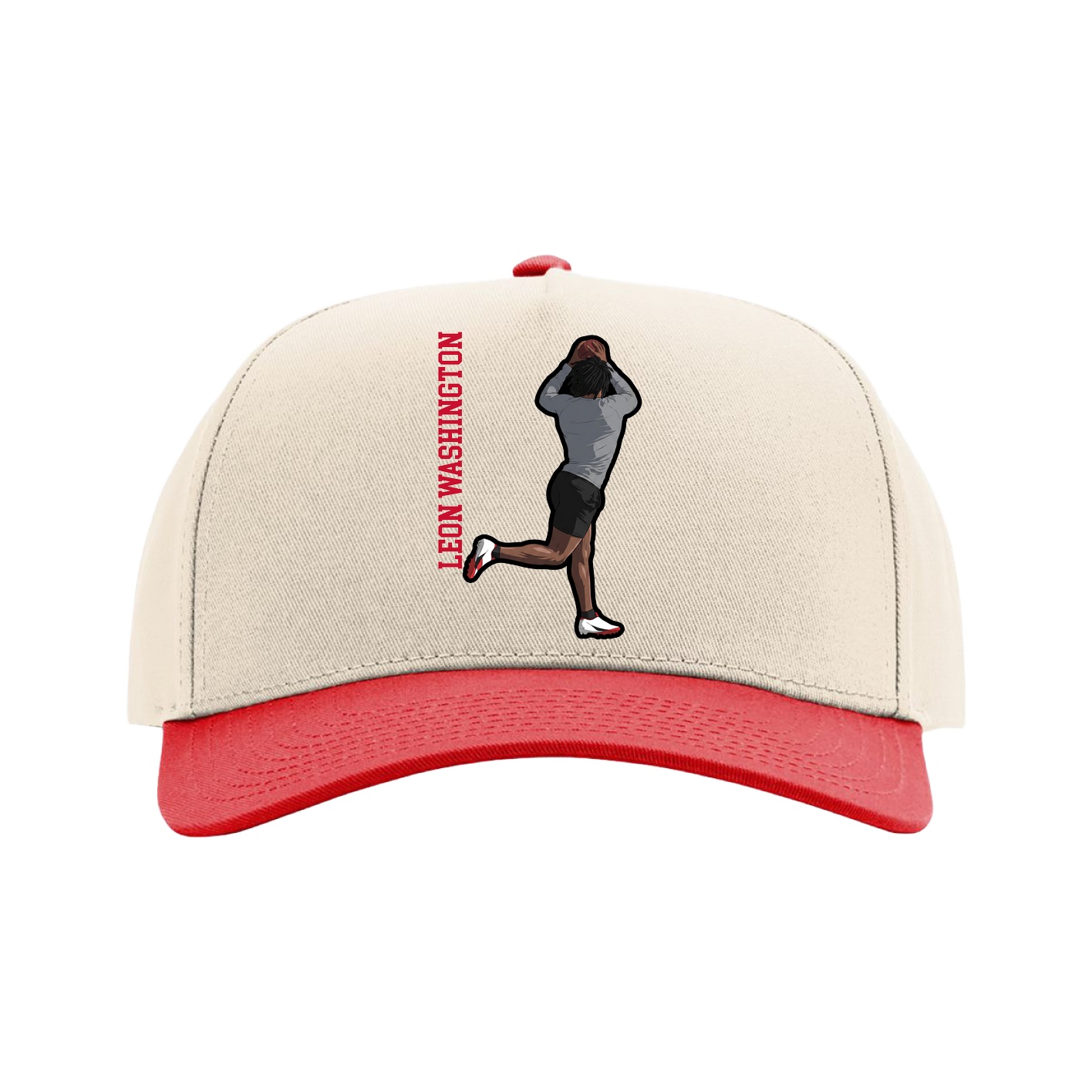 Full Fabric Five-Panel Champ Cap — Name Vertical in Cream/Red