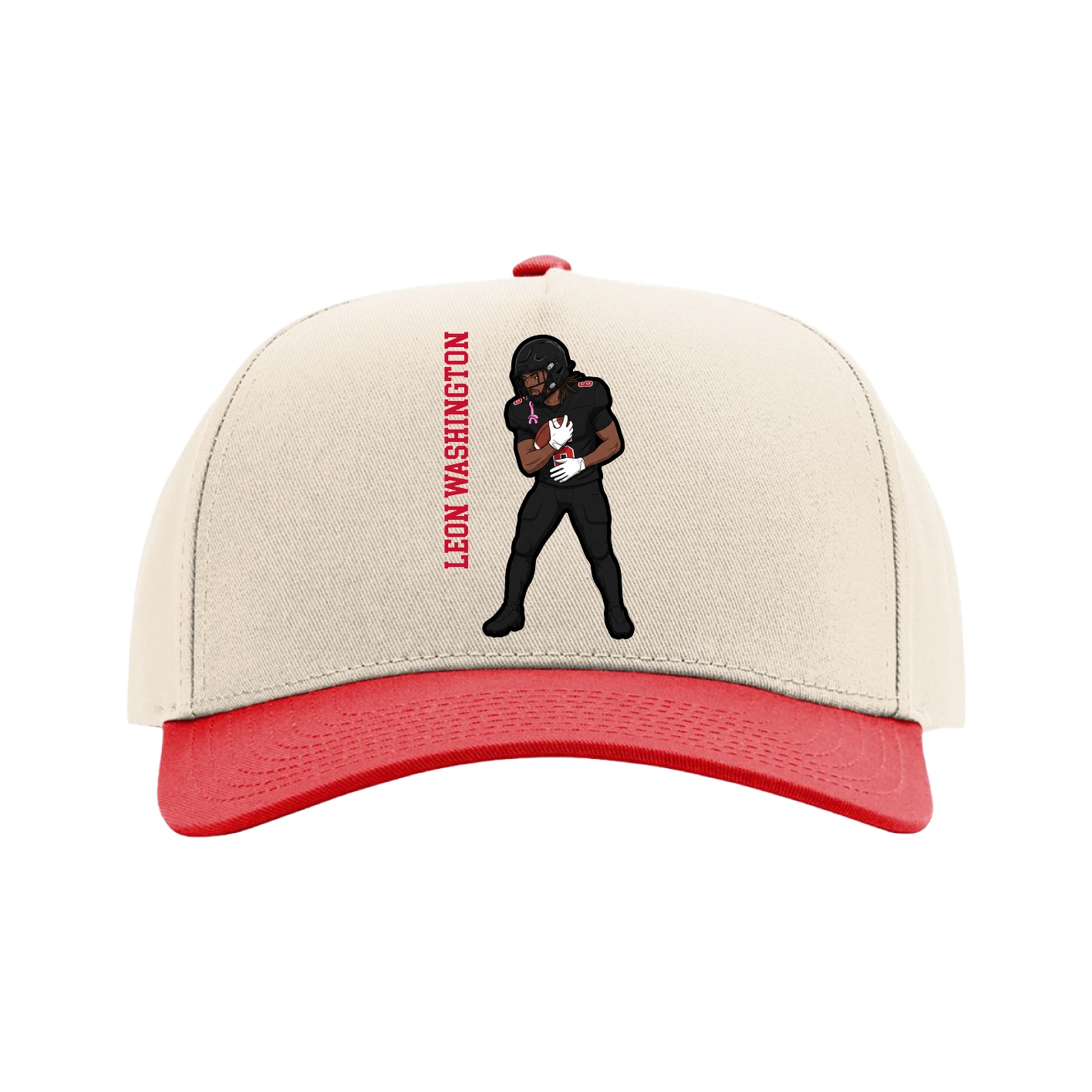 Full Fabric Five-Panel Champ Cap — Name Vertical in Cream/Red