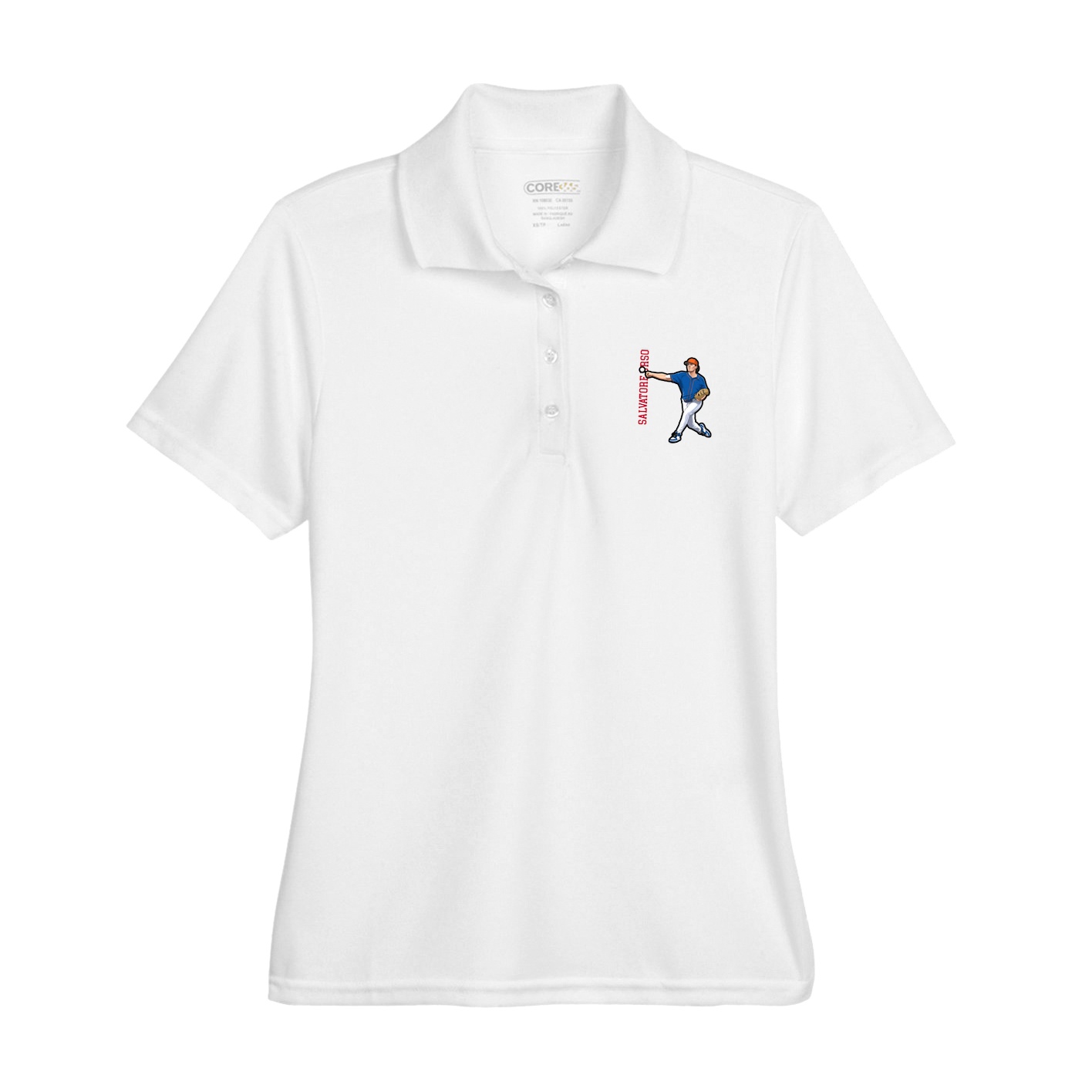 Womens Performance Polo — Name Vertical in White