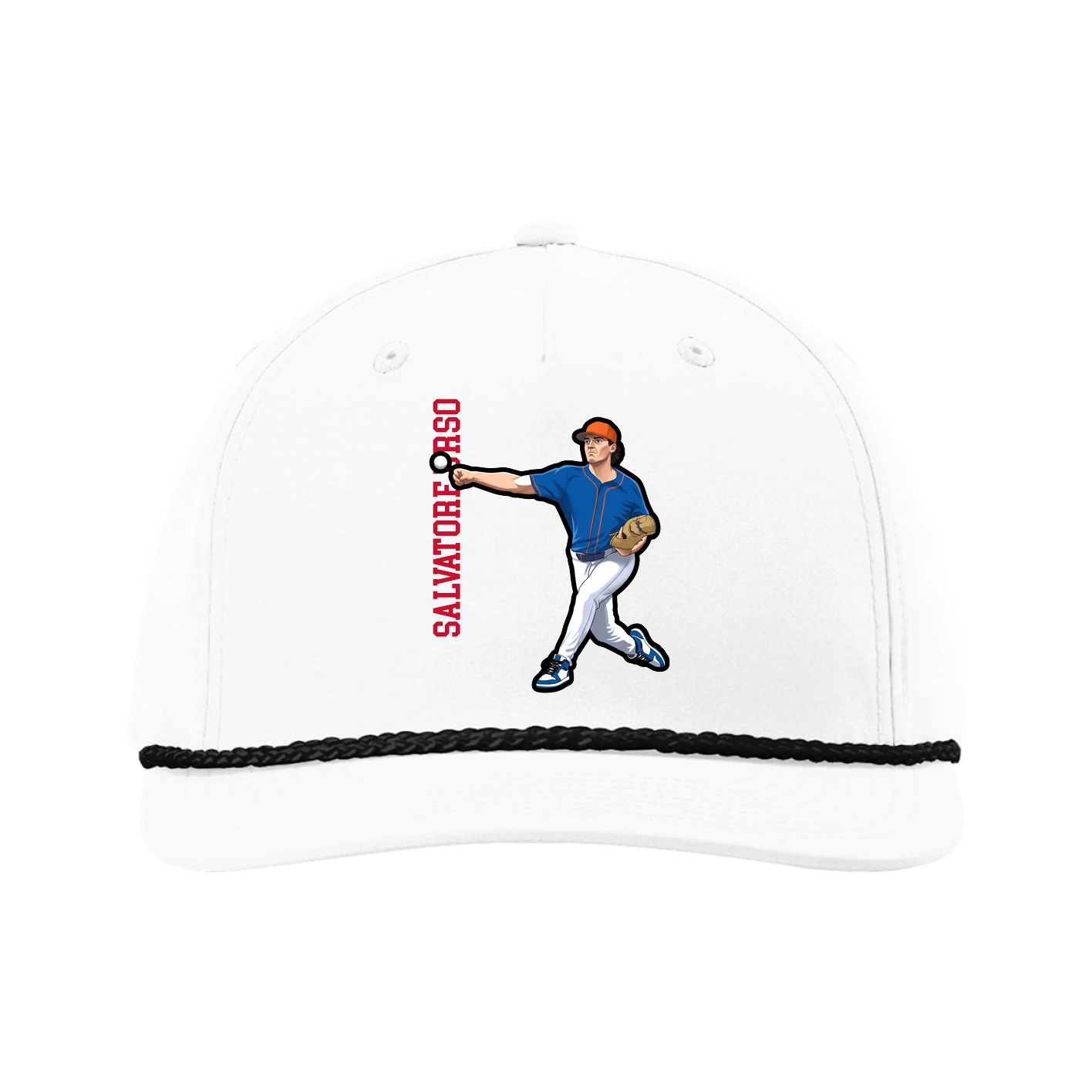 Five-Panel Classic Rope Cap — Name Vertical in White