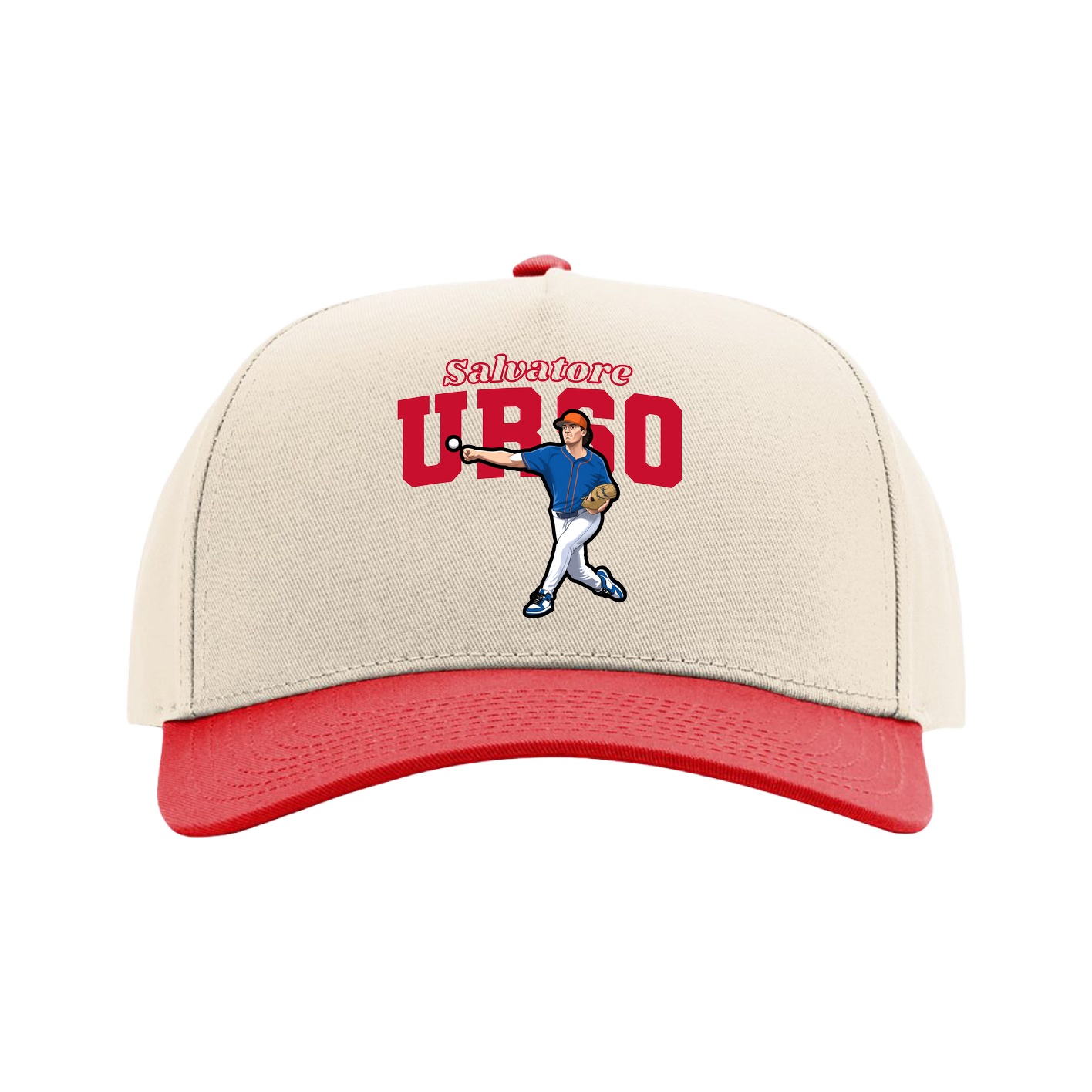 Full Fabric Five-Panel Champ Cap — Name Arch in Cream/Red