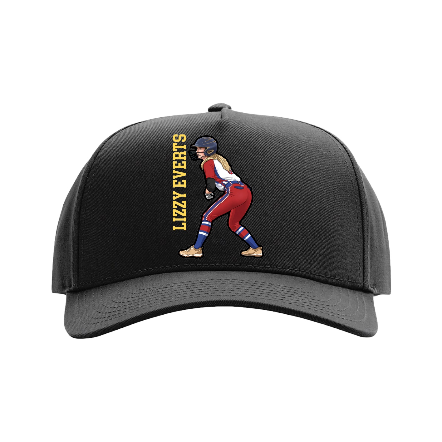 Full Fabric Five-Panel Champ Cap — Name Vertical in Black