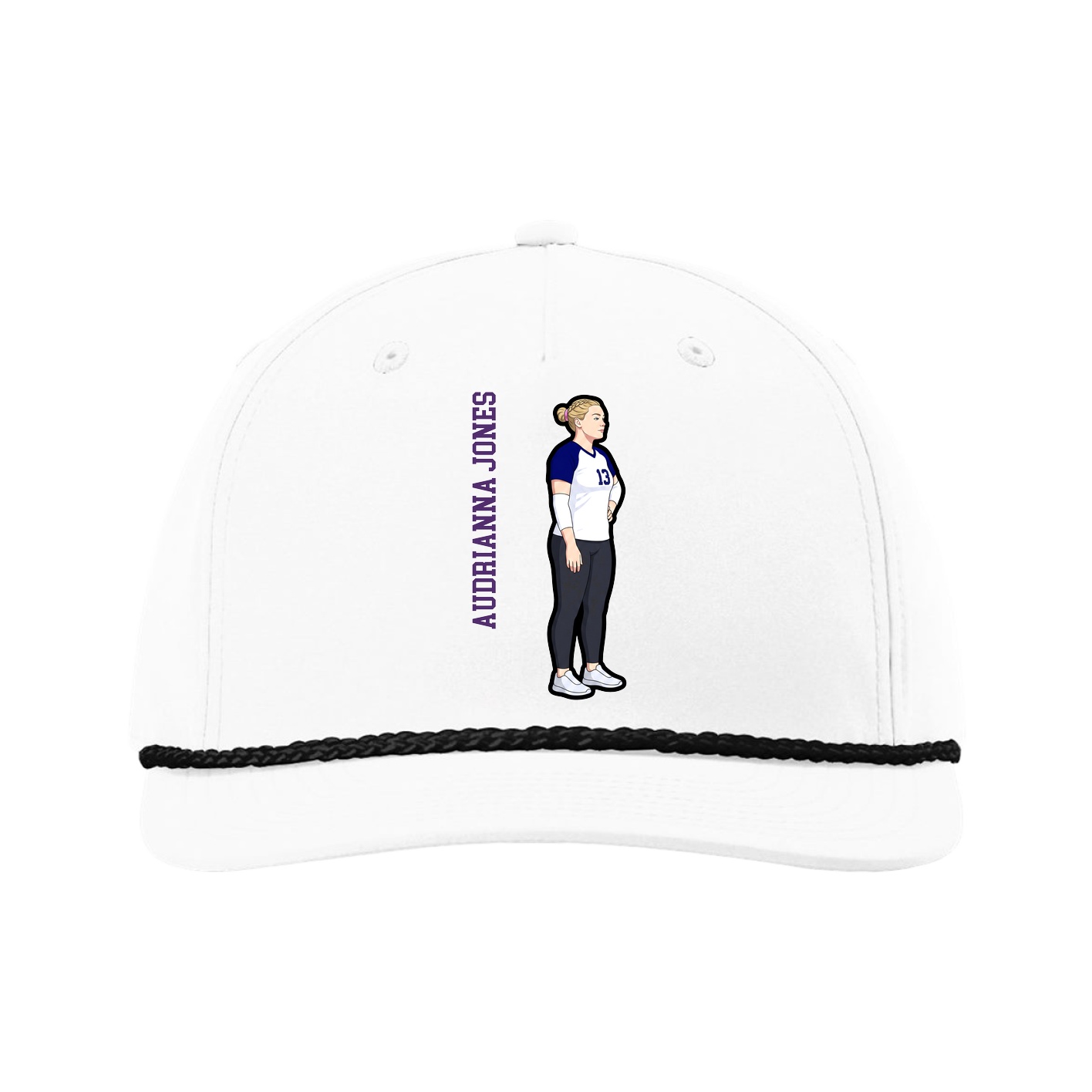 Five-Panel Classic Rope Cap — Name Vertical in White