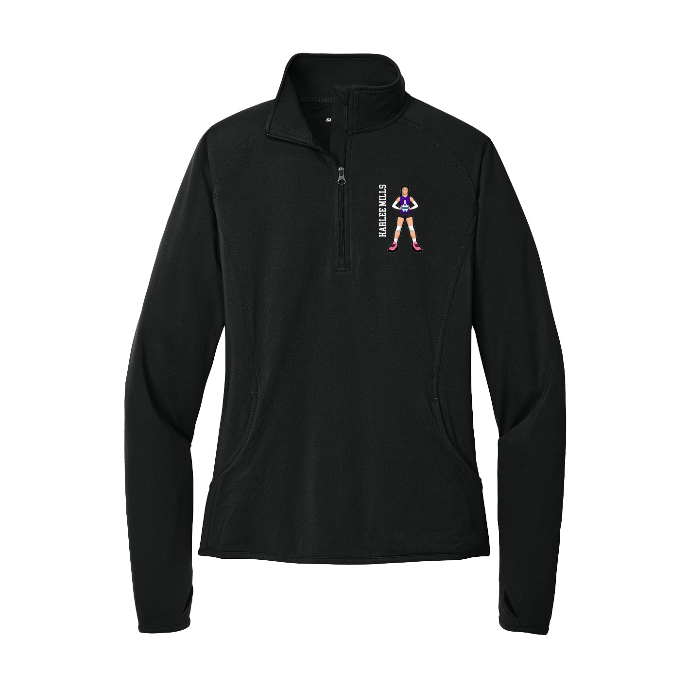 Women's Q-Zip Pullover — Name Vertical in Black