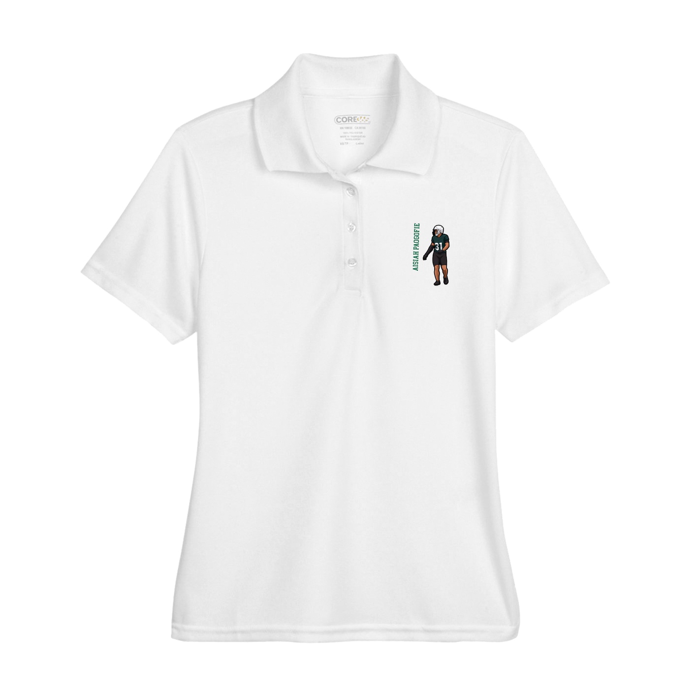 Womens Performance Polo — Name Vertical in White