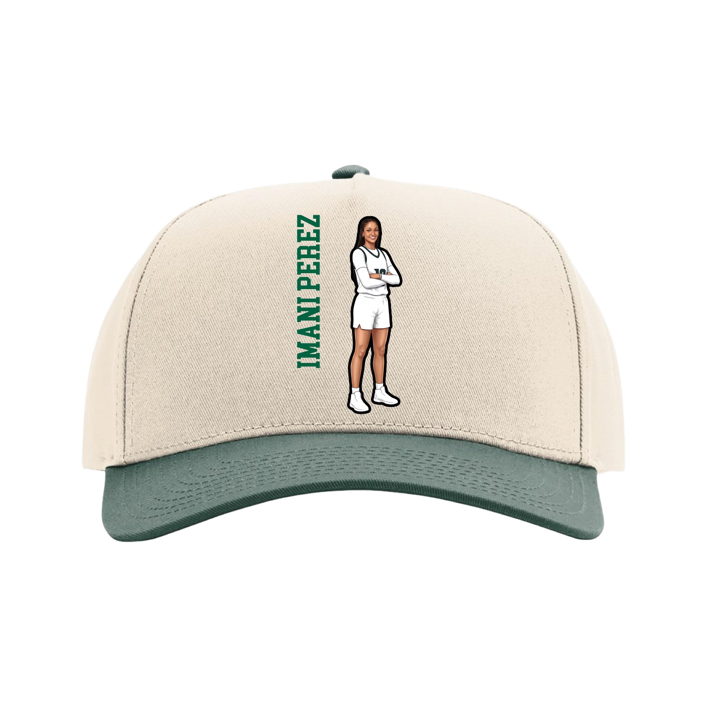Full Fabric Five-Panel Champ Cap — Name Vertical in Cream/Green