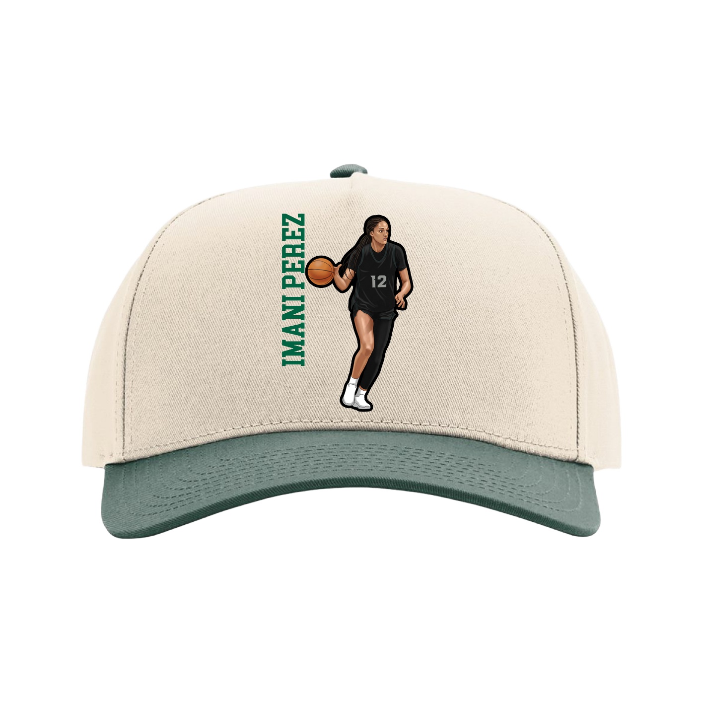 Full Fabric Five-Panel Champ Cap — Name Vertical in Cream/Green