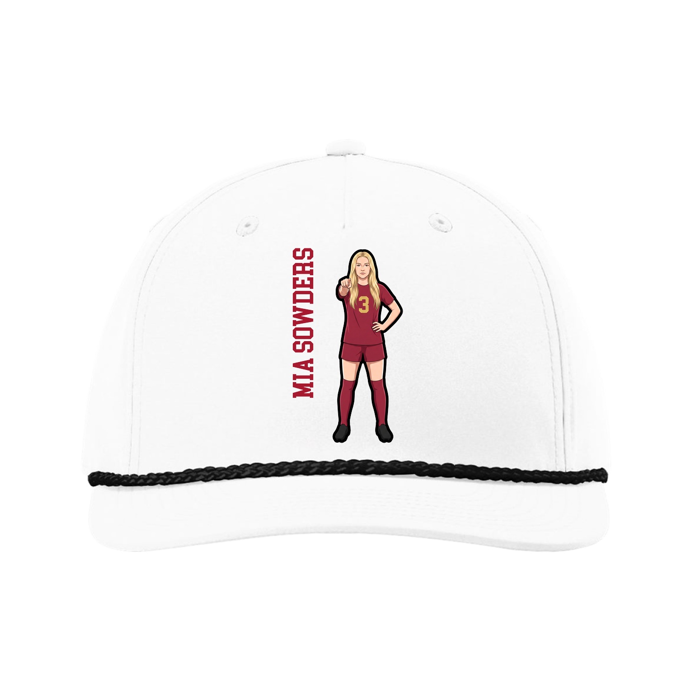 Five-Panel Classic Rope Cap — Name Vertical in White