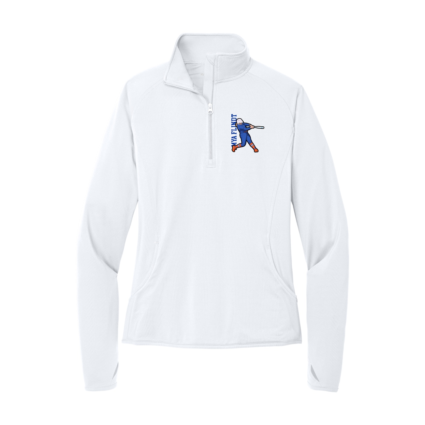 Women's Q-Zip Pullover — Name Vertical in White