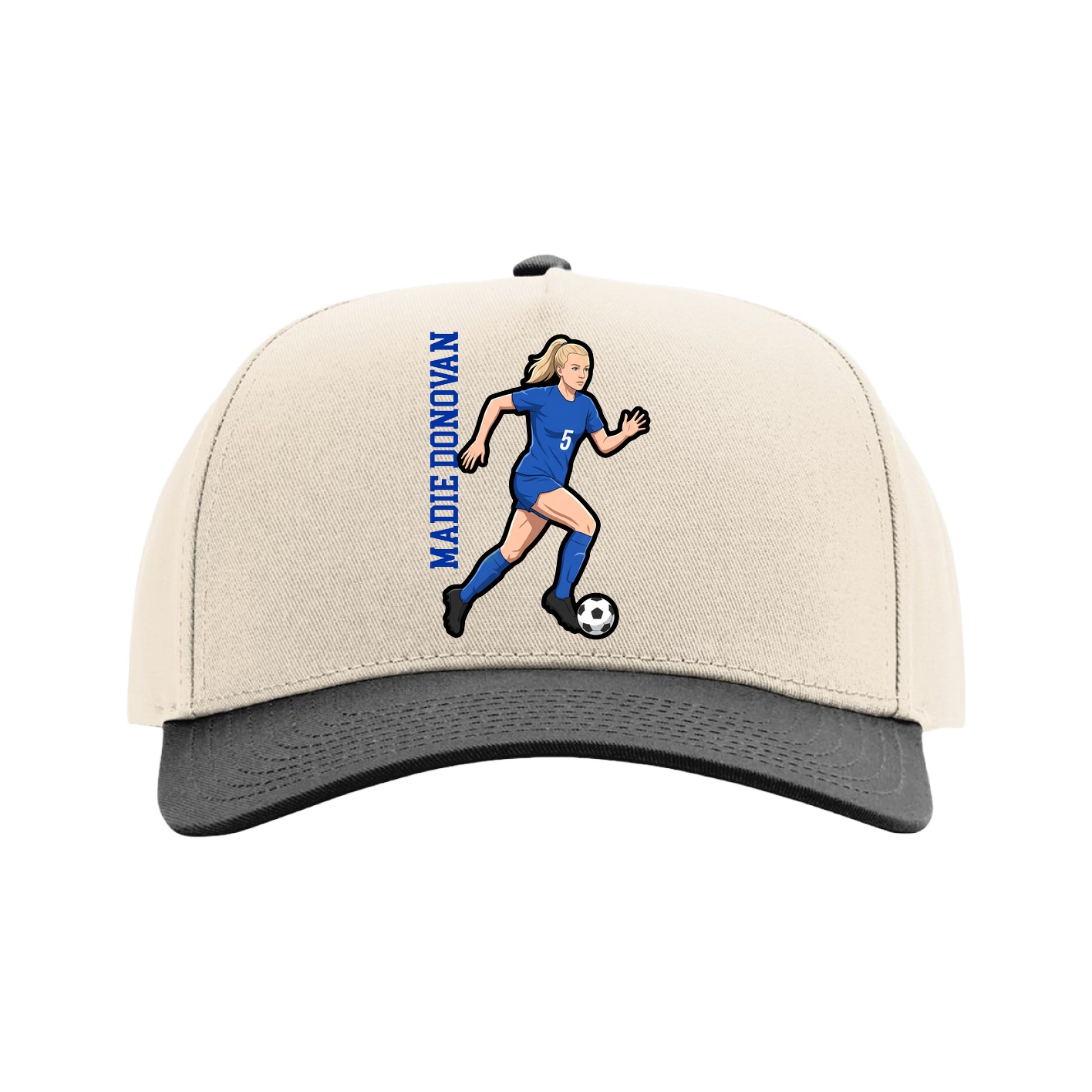 Full Fabric Five-Panel Champ Cap — Name Vertical in Cream/Black